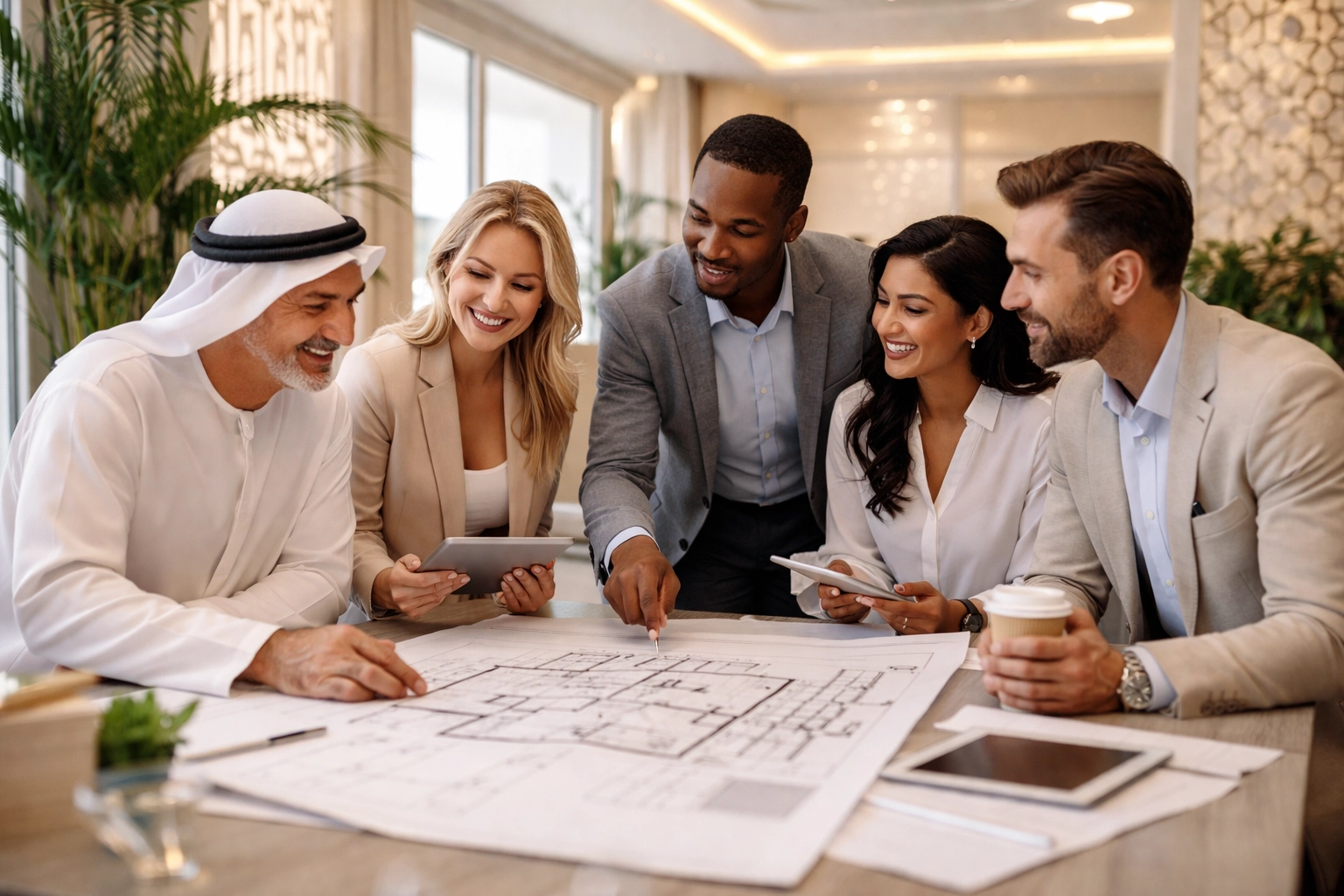 Diverse business executives collaborating in Middle Eastern office, highlighting strategic growth capital discussions in the GCC.