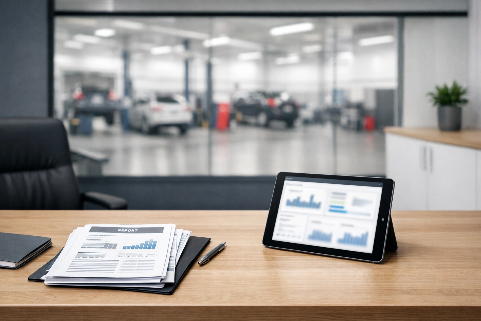 Office desk with financial reports, illustrating specialized bookkeeping for service business KPIs.