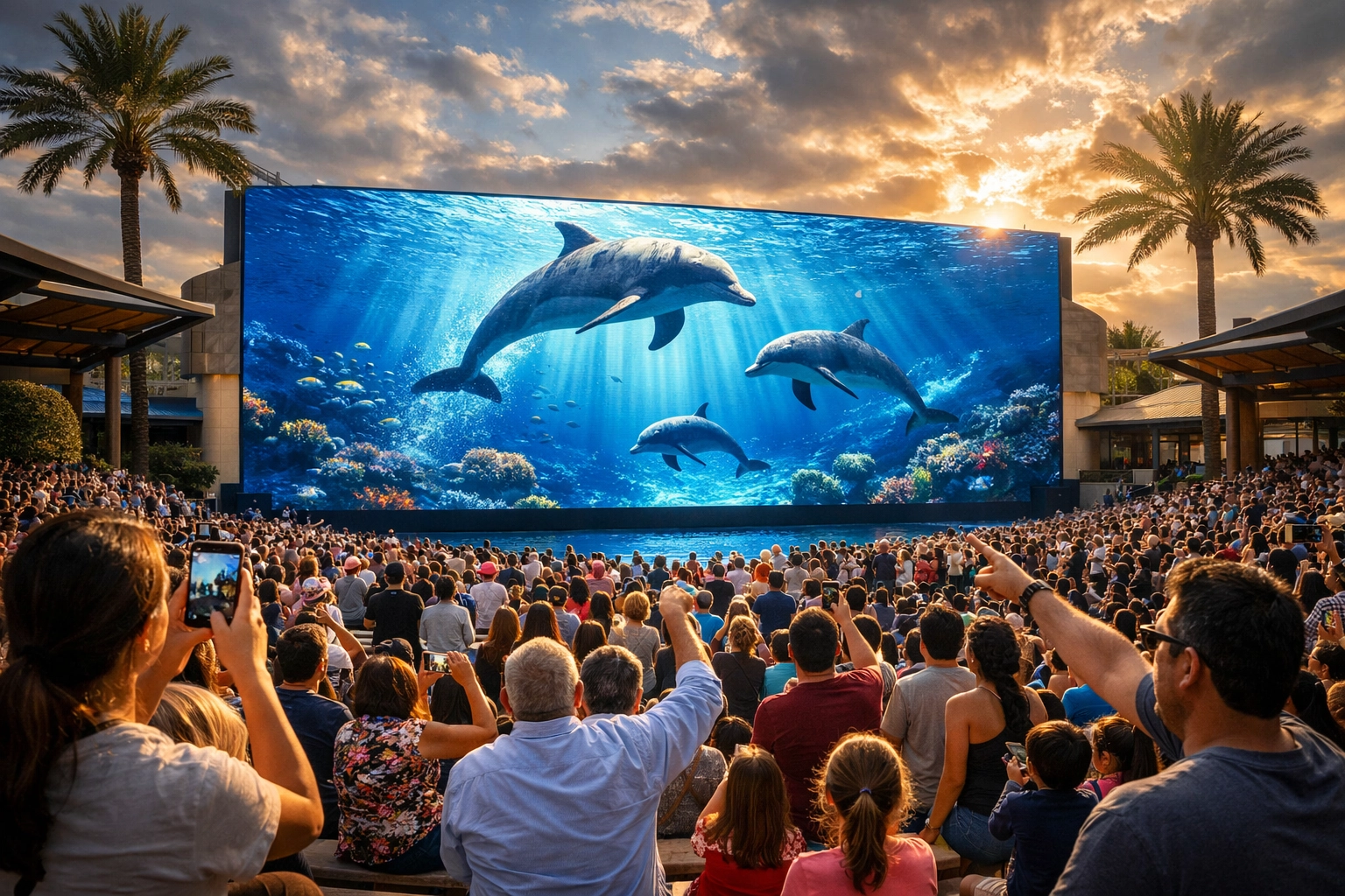 Zoo visitors gathered at main plaza viewing massive 75-foot digital advertising screen
