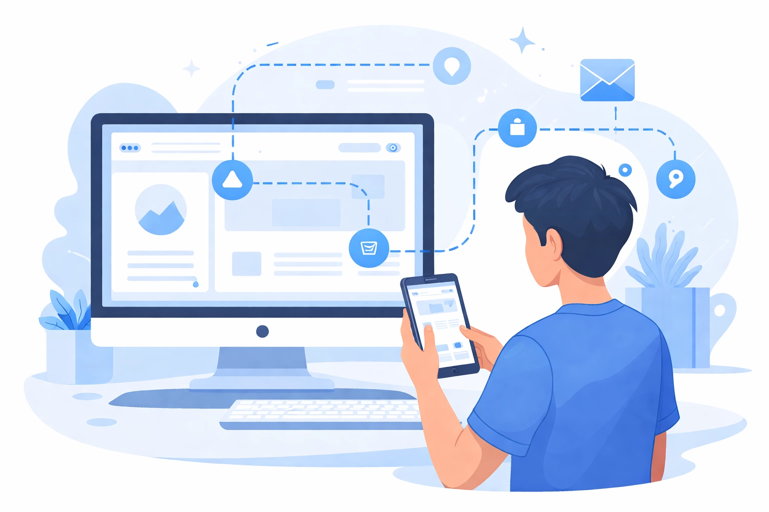 Illustration of a person browsing a user-friendly website on desktop and smartphone for intuitive web design navigation