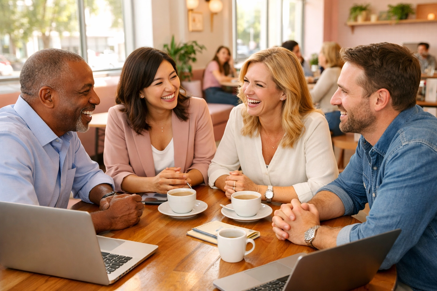 Business professionals networking authentically at coffee shop discussing LinkedIn strategies
