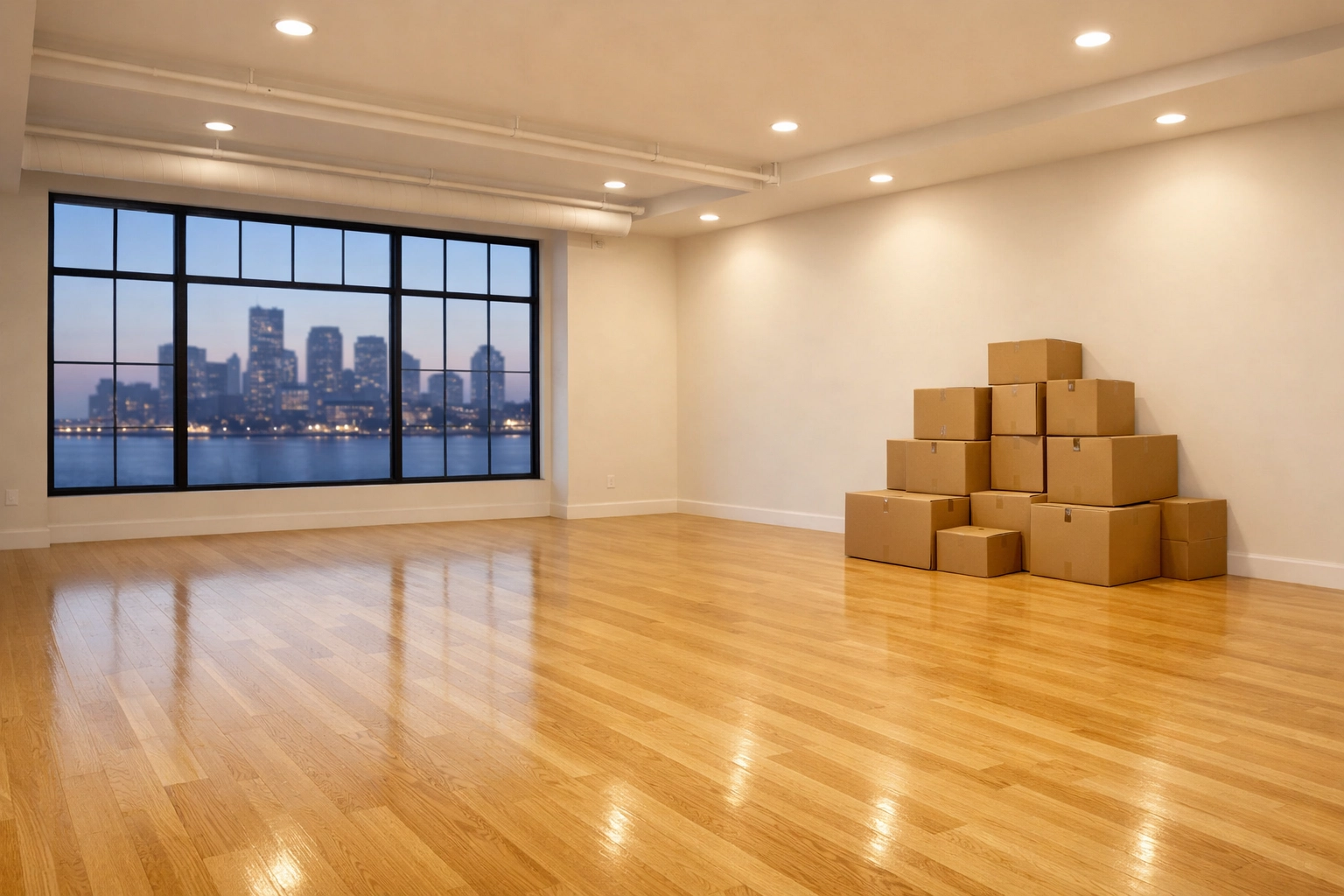 Polished hardwood floors and moving boxes in a Seaport loft ready for move-out cleaning.