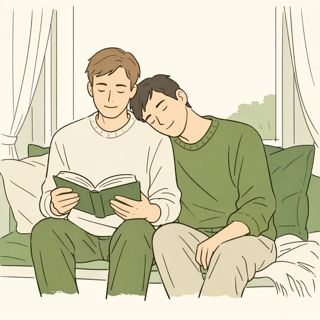Two men reading together on a window seat, depicting emotional intimacy and asexual bonds in queer fiction.