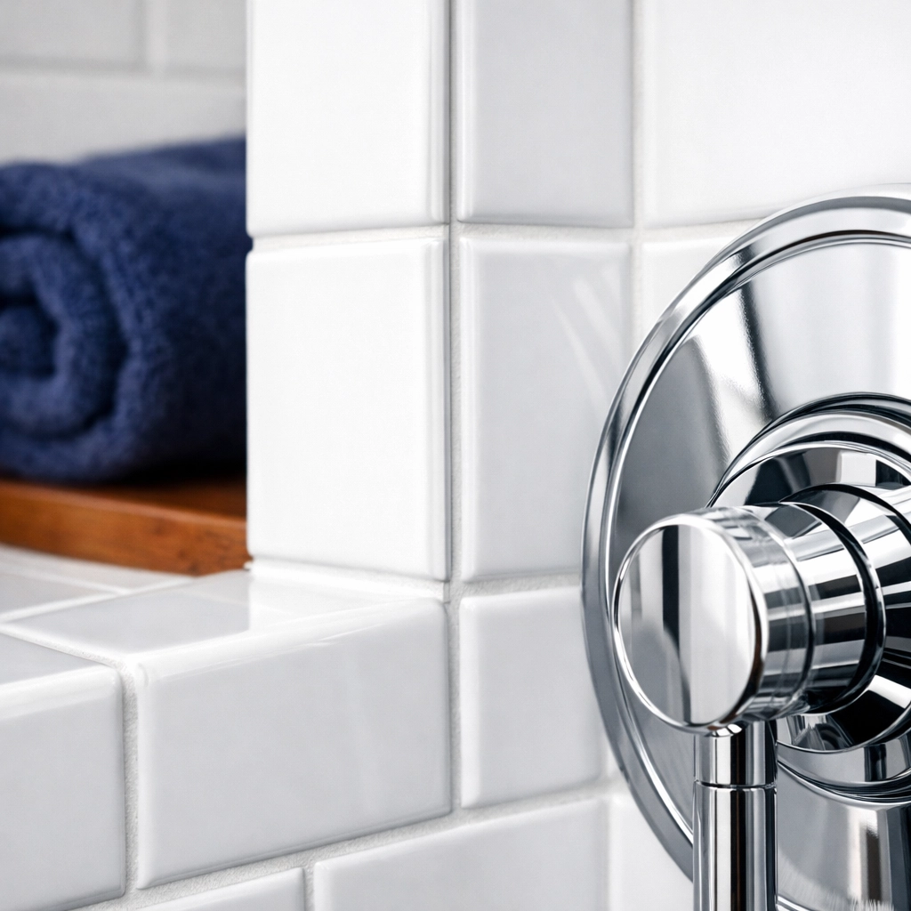 Pristine bathroom tiles and chrome fixtures from a luxury house cleaning Newton MA service.