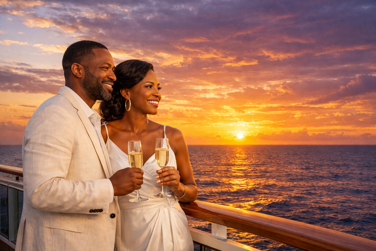 Couple enjoying a sunset balcony view on a luxury voyage booked with a Lifestyle Cruises travel agent.