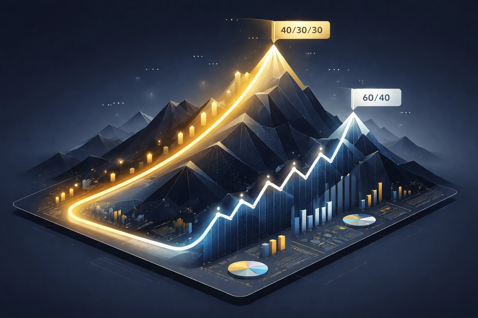 Two investment paths diverge on a mountain, illustrating the 40/30/30 portfolio's stronger growth versus the traditional 60/40 approach.