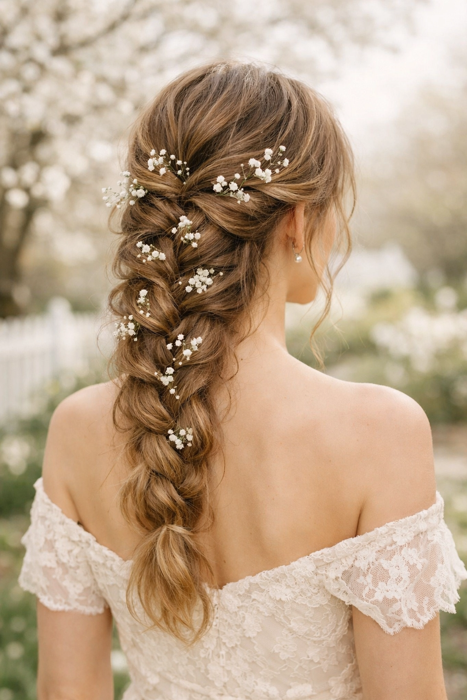 Elegant bridal bohemian braid with flowers for a spring wedding in Concord NH.