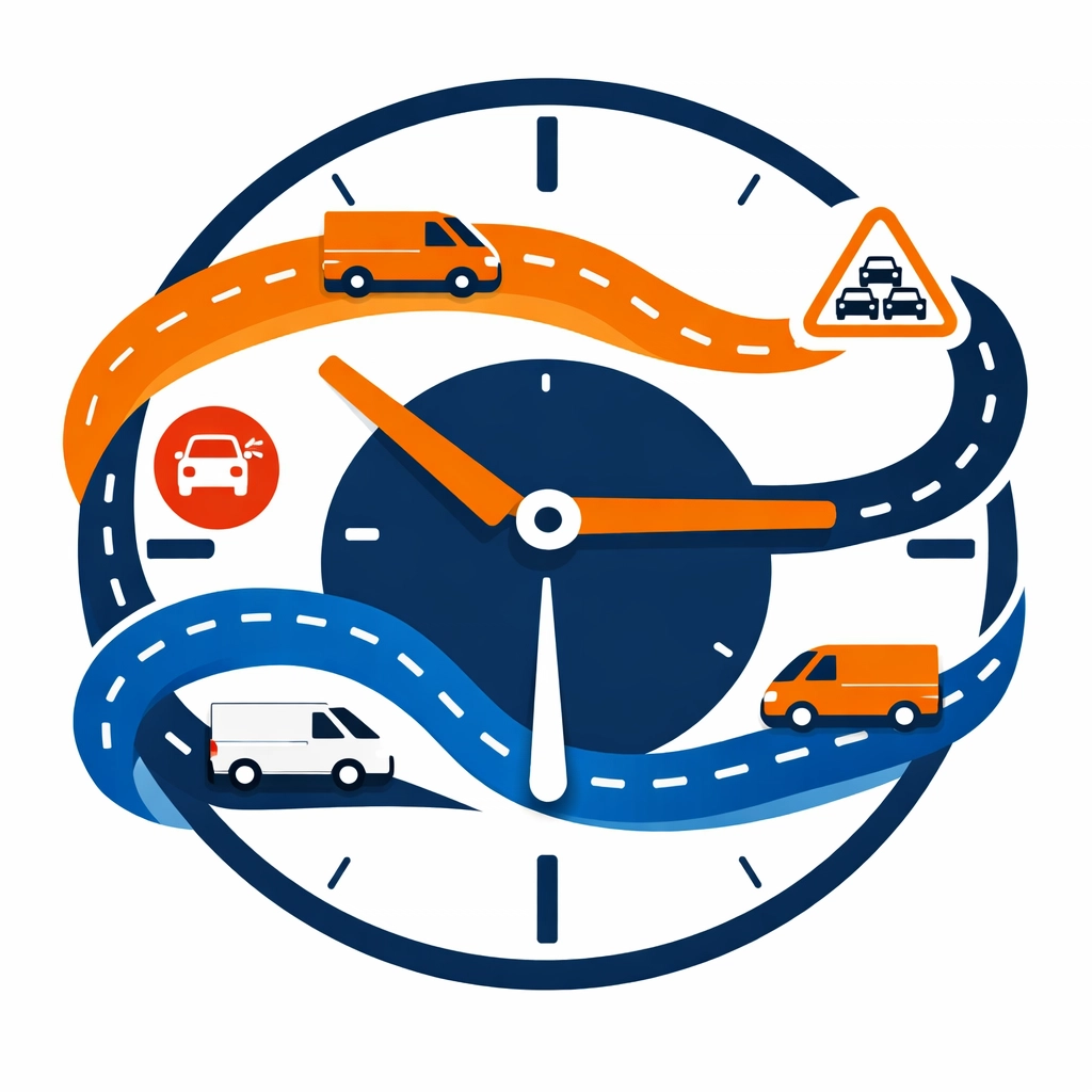 Flat illustration of service van routes on a clock-integrated map for optimized crew scheduling.