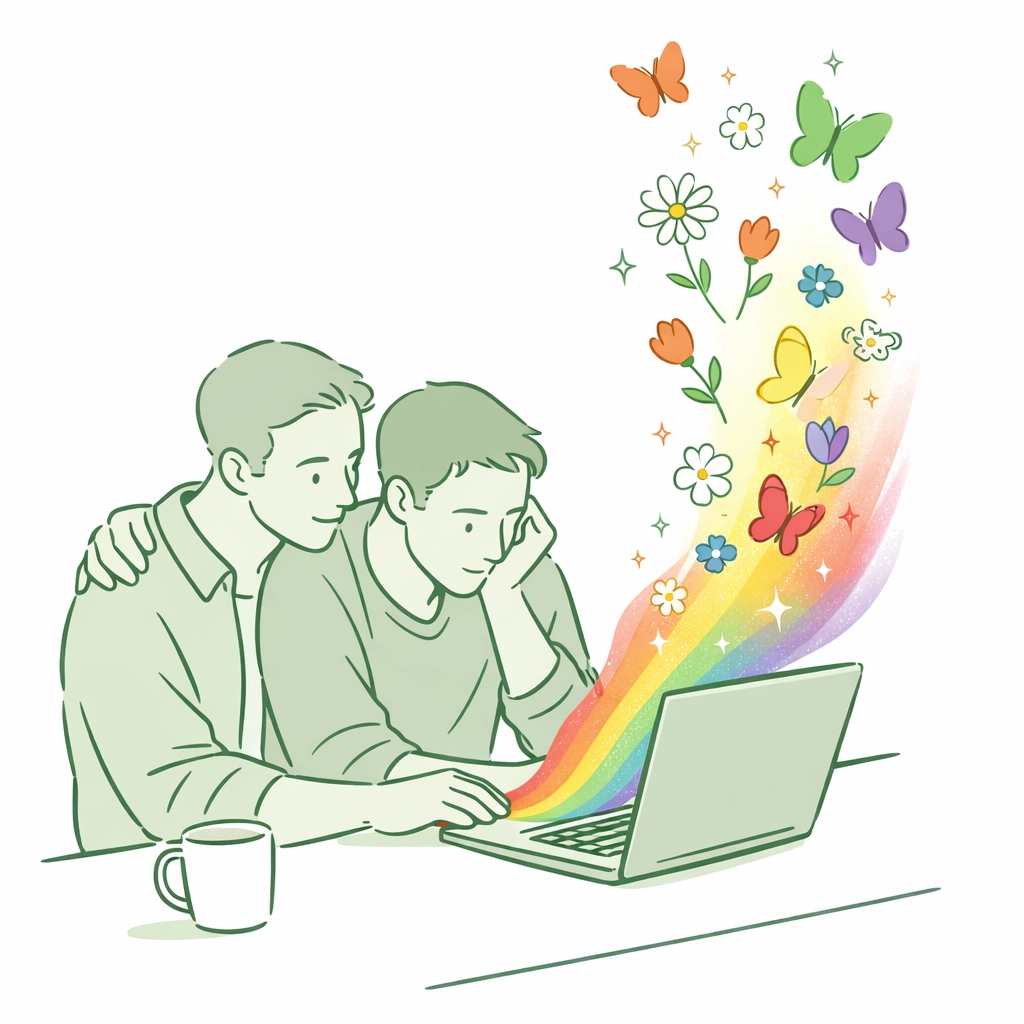 Two men at desk transforming online hate into beauty with Pride rainbow light and butterflies