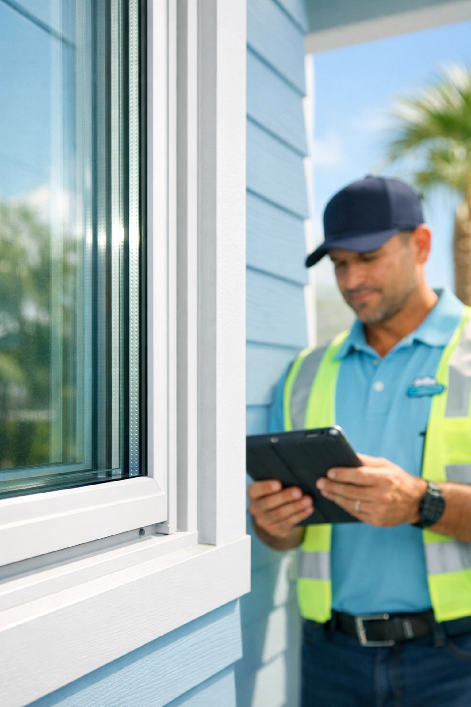 Impact windows Florida installation with licensed technician reviewing specifications