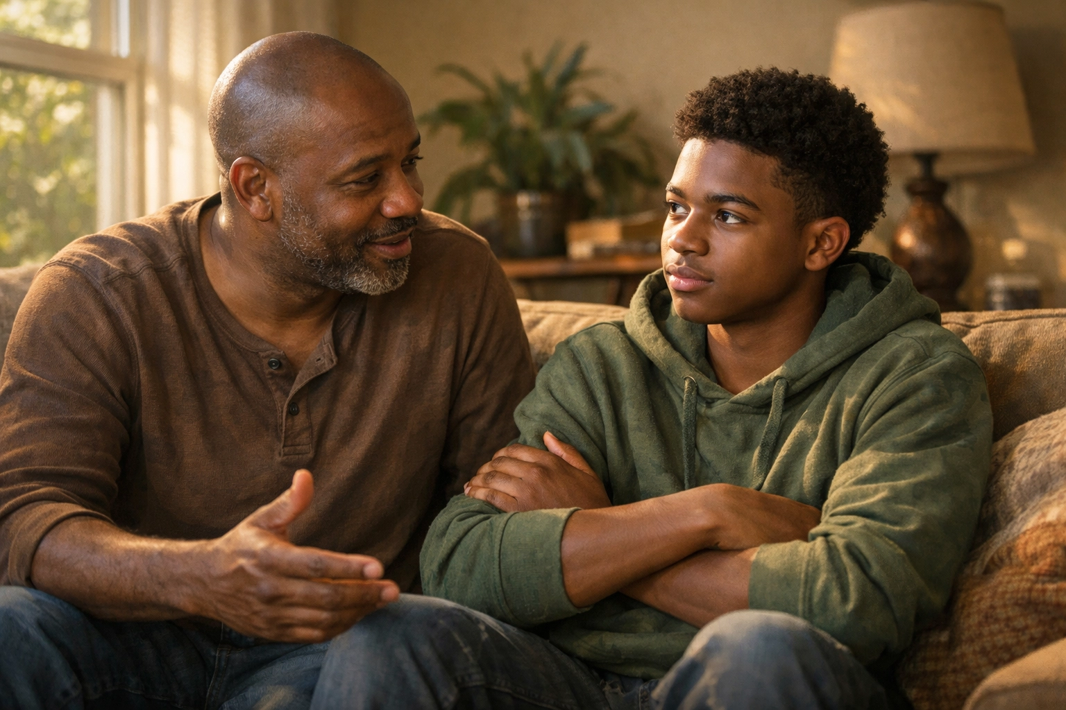 Black father talking with teenage son on couch, practicing active listening and family connection