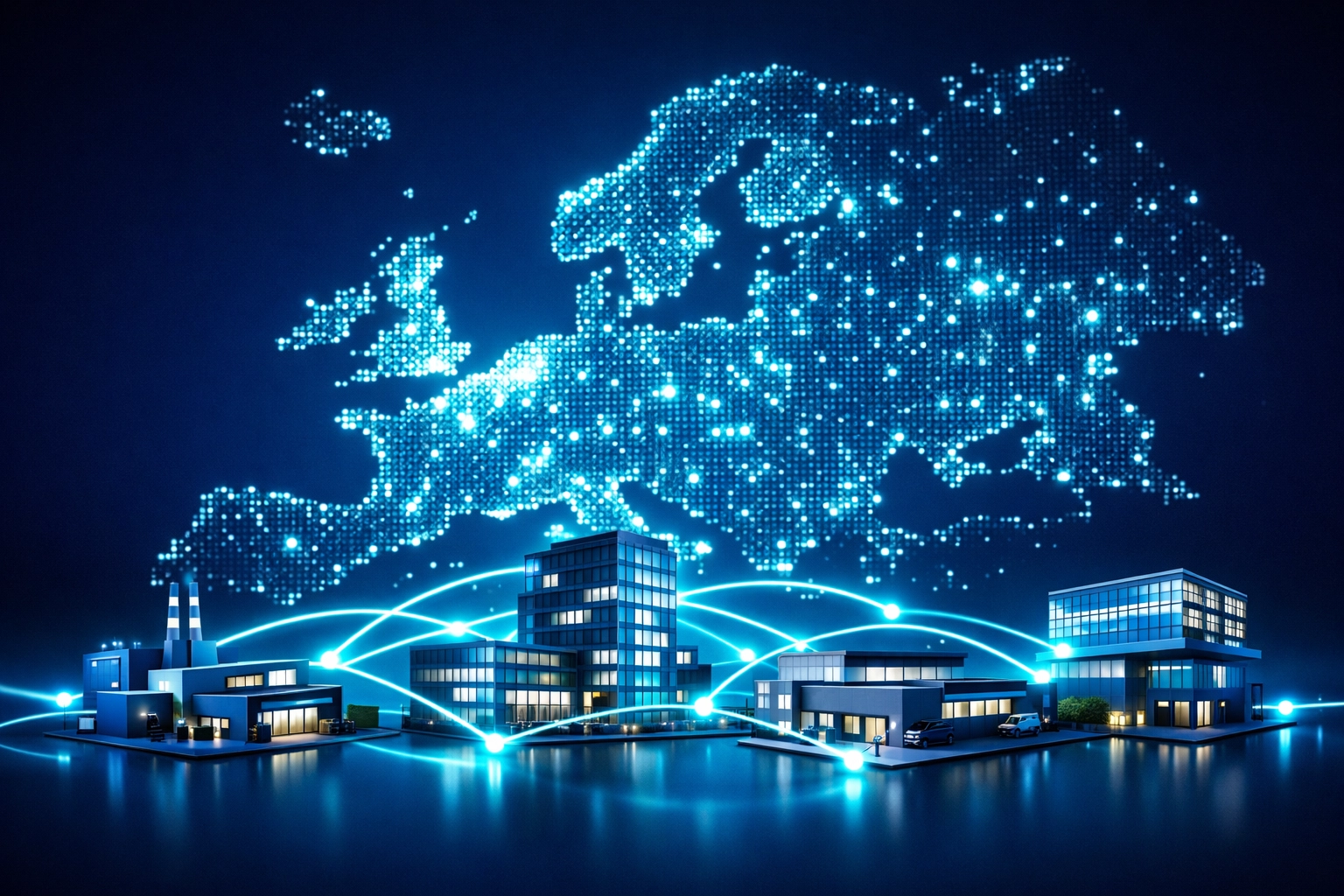 Vernetzte Firmengebäude auf einer digitalen Europakarte zum EU AI Act im Mittelstand