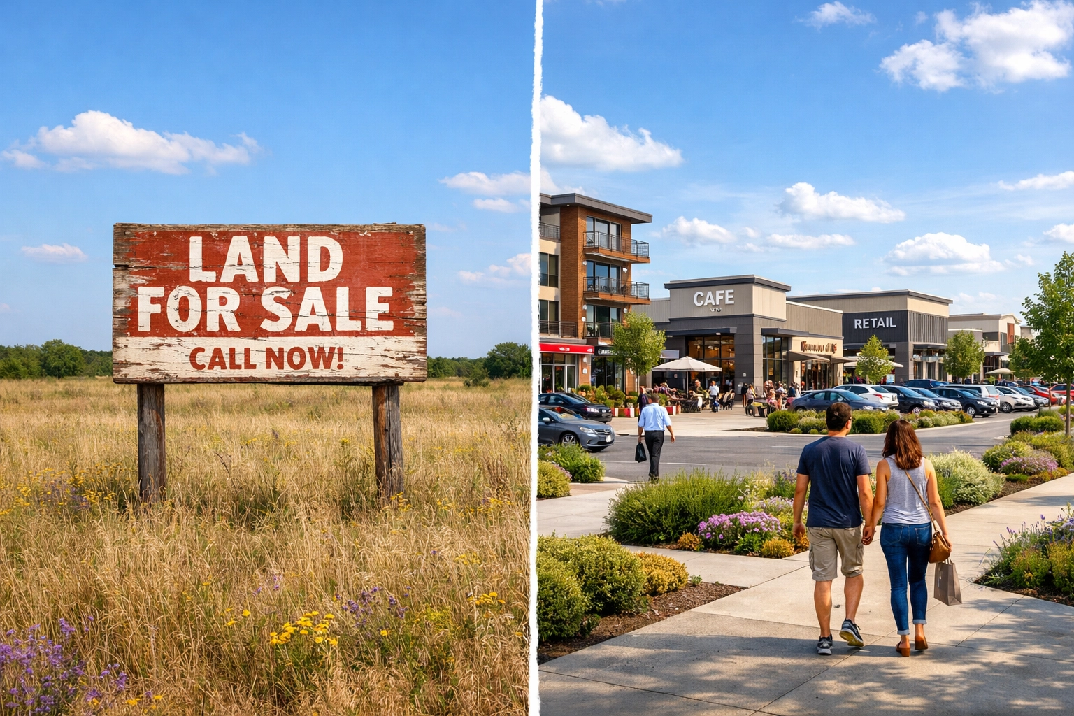 Before and after comparison of Texas land development from raw acreage to commercial property