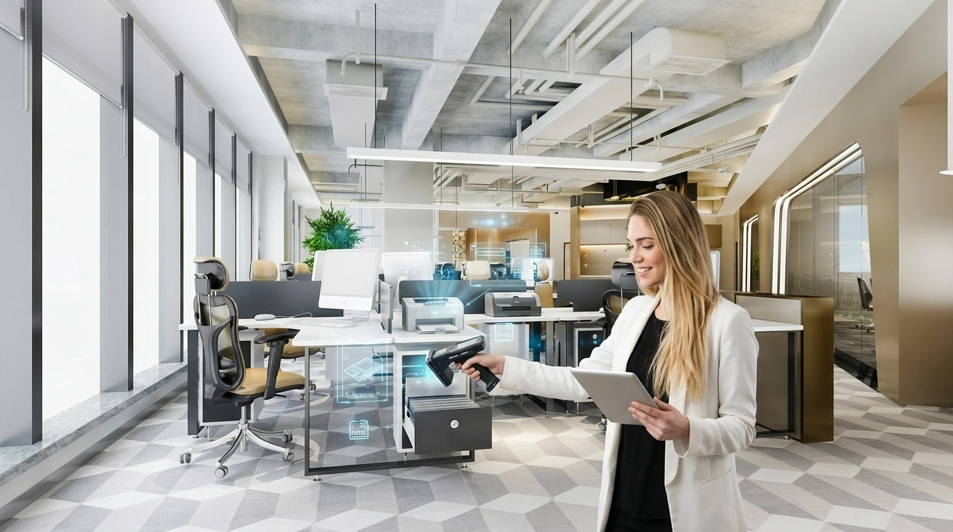 Control de activos fijos con tecnología RFID en una oficina moderna