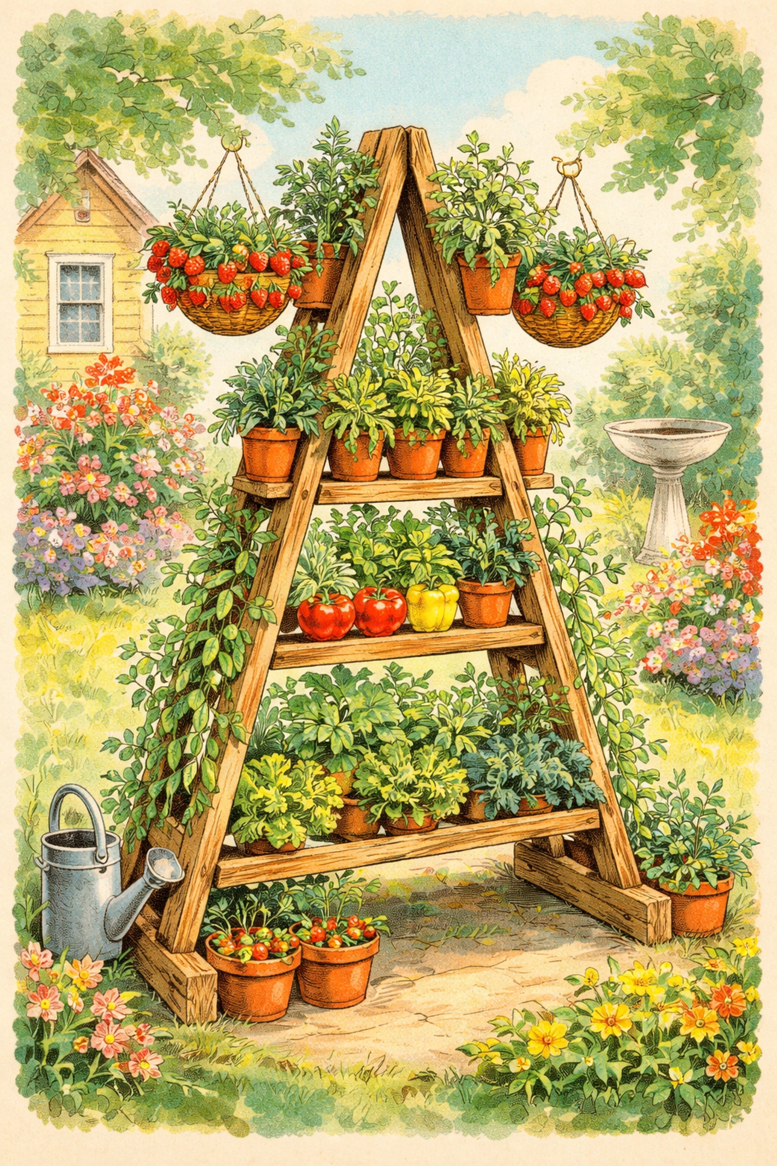 Illustration of a vibrant completed A-frame vertical garden filled with strawberries, herbs, and climbing peas, perfect for small family spaces.