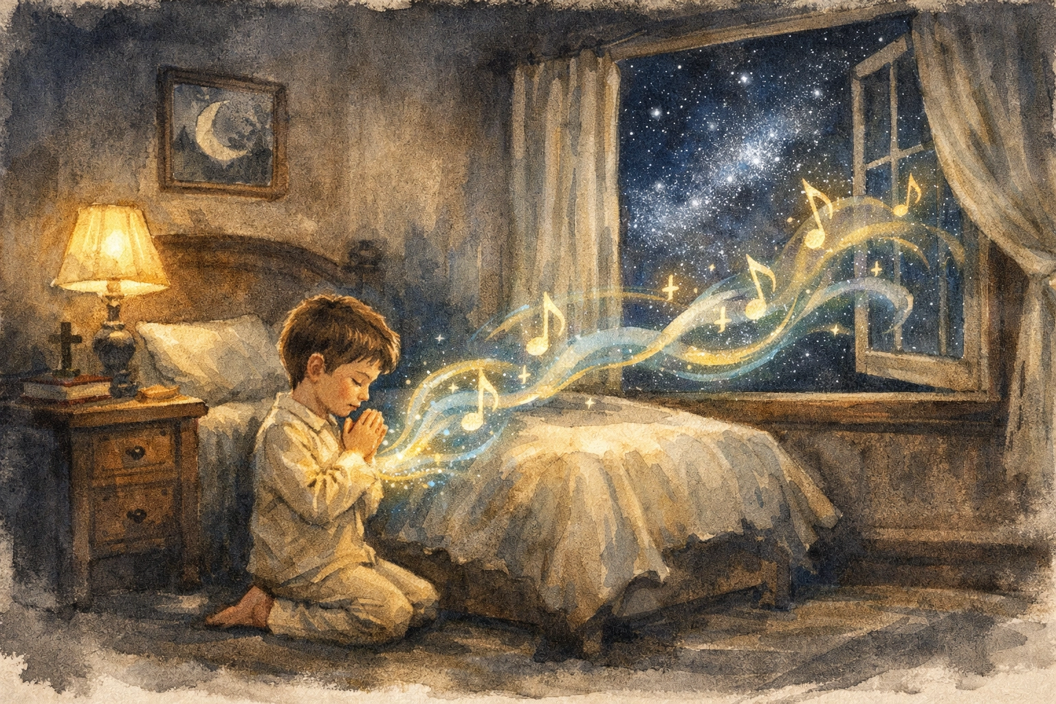 Young boy praying at his bedside with glowing notes representing the gift of a heavenly language.