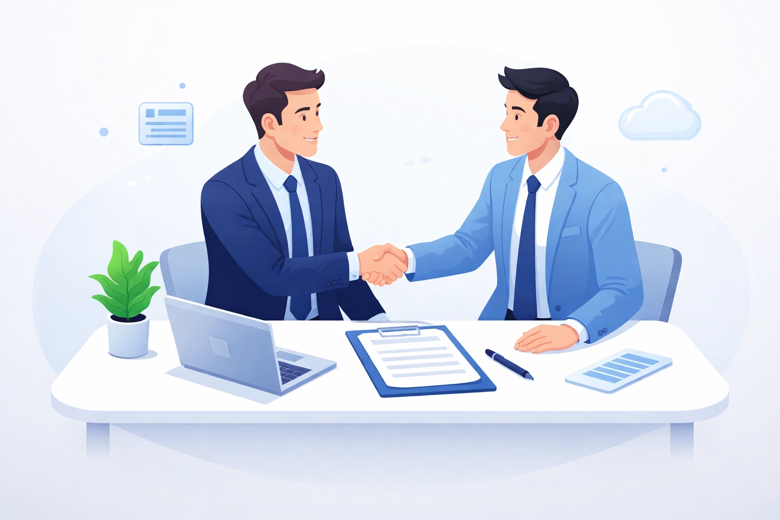Two business professionals shaking hands over a contract, symbolizing clear IT support agreements and trust.
