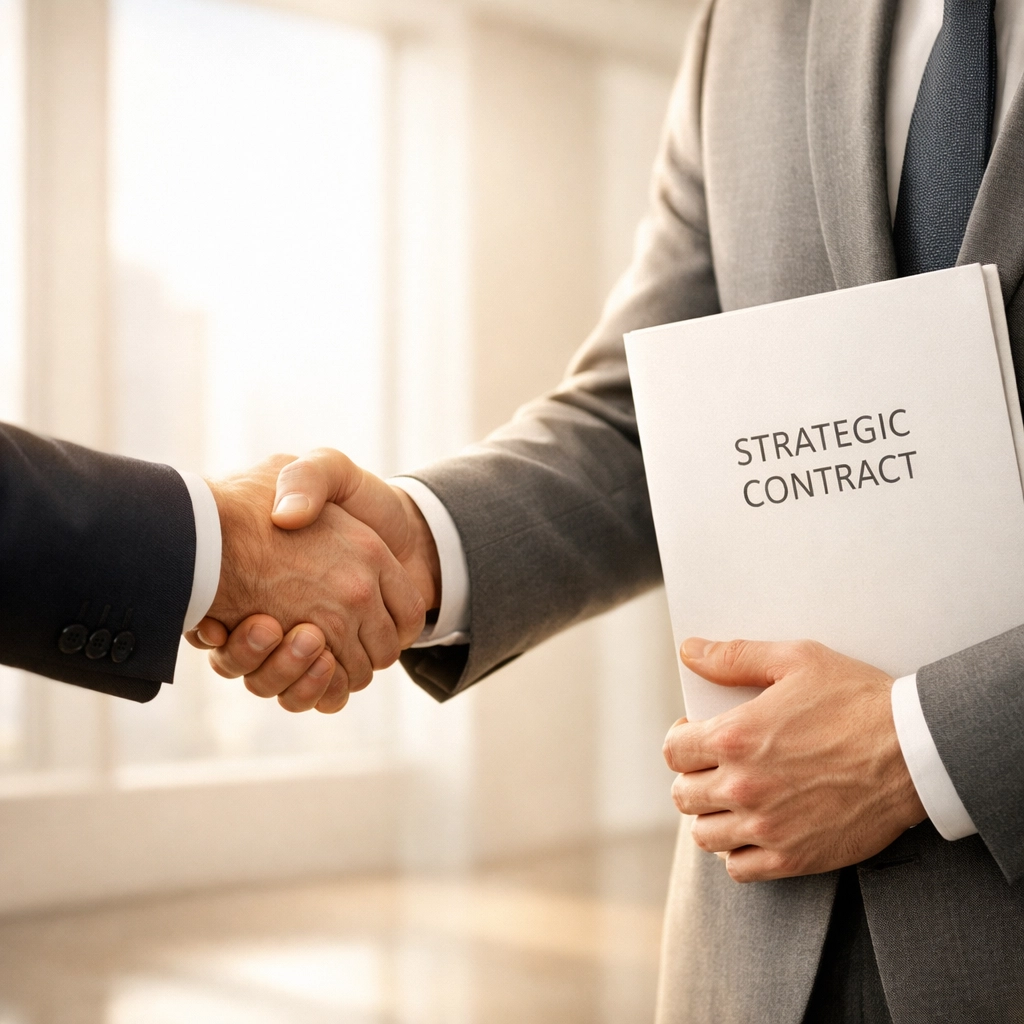 Professional handshake and white contract folder representing trust and brand strategy in a minimalist office.