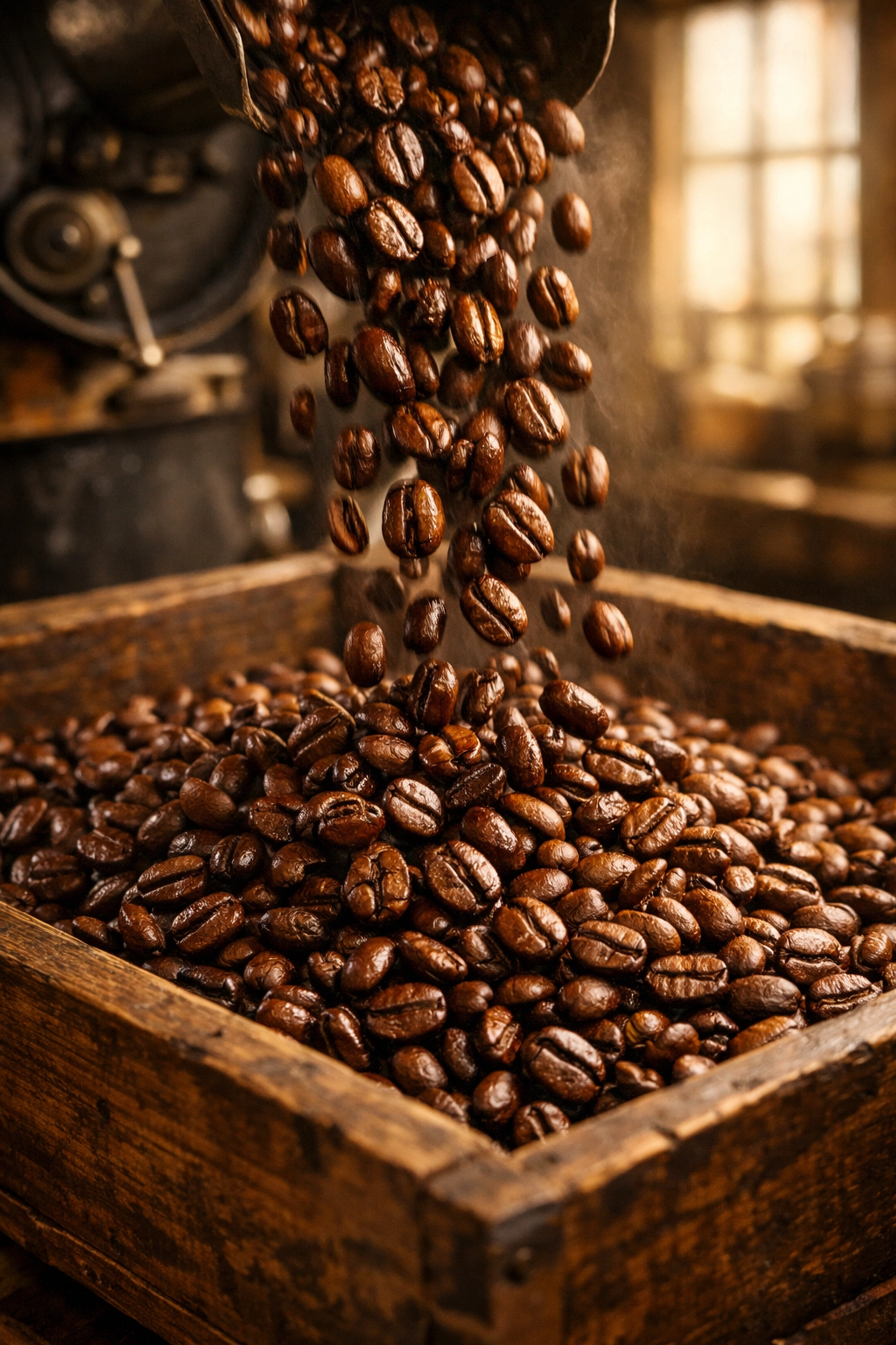 Freshly roasted specialty coffee beans in a cooling tray, highlighting quality for coffee shop suppliers.