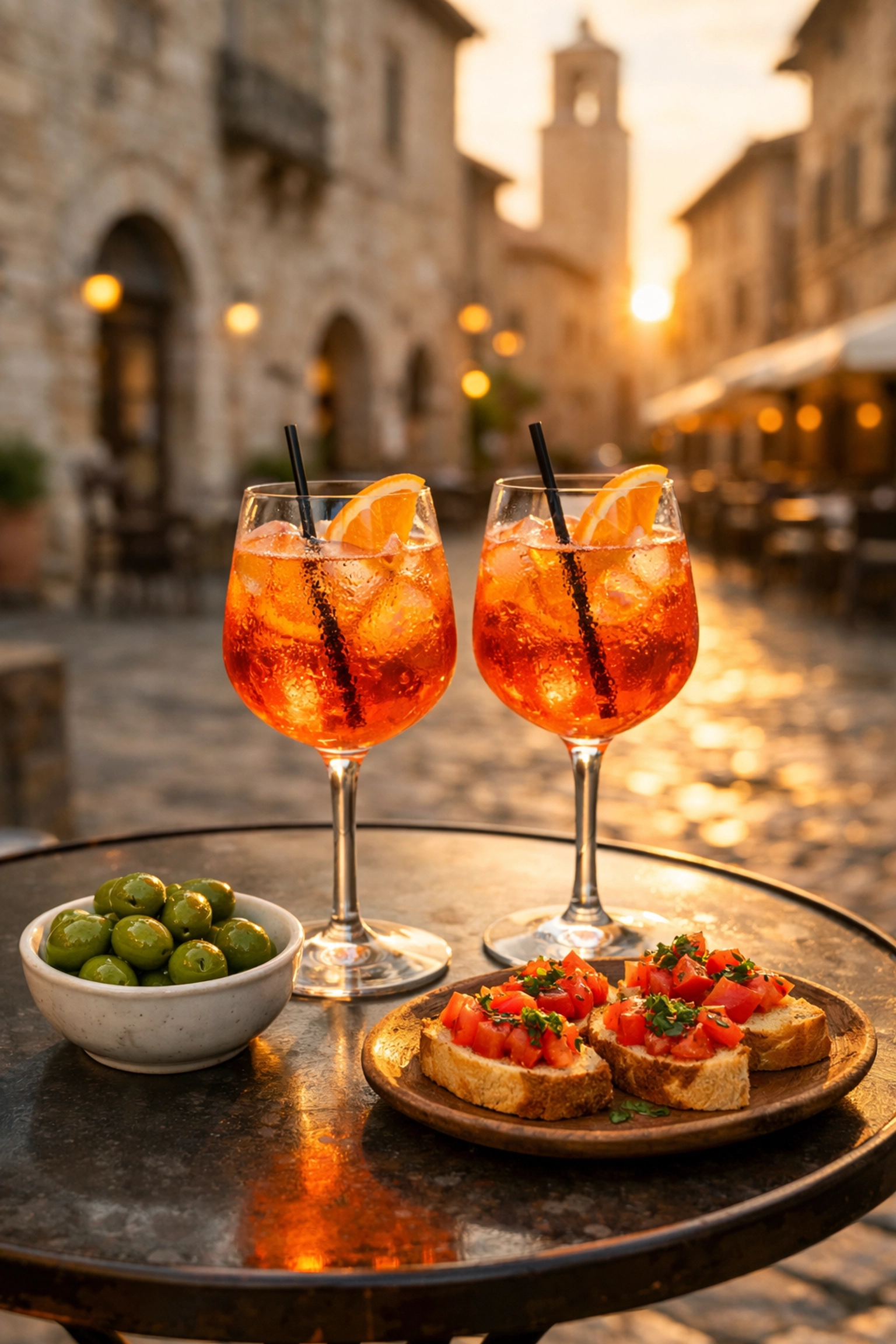 Aperitivo with spritz cocktails and bruschetta at an outdoor café in a sun-drenched Italian piazza.