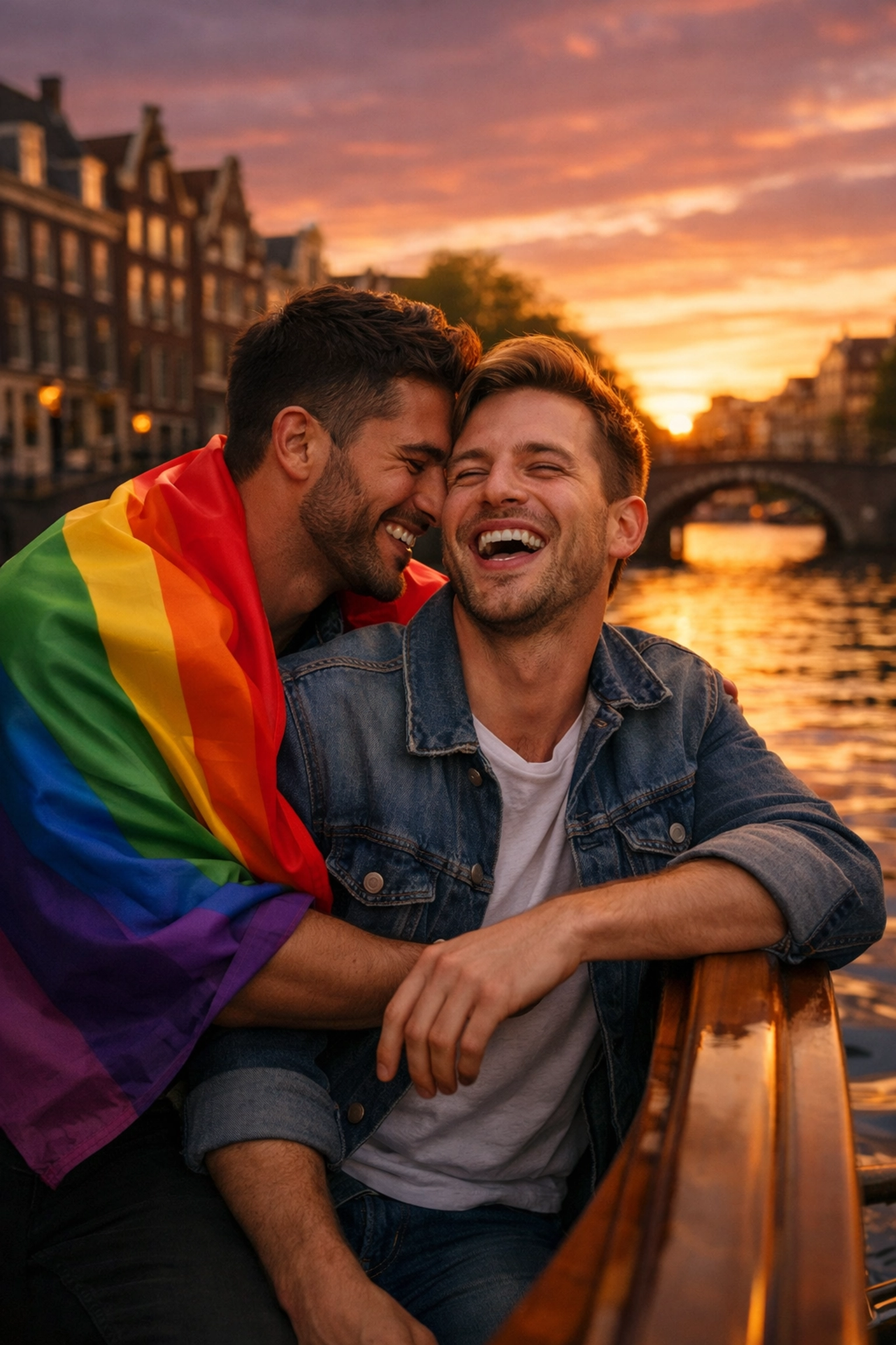 A gay couple laughing on a canal boat during Amsterdam Pride at sunset, draped in a rainbow flag.