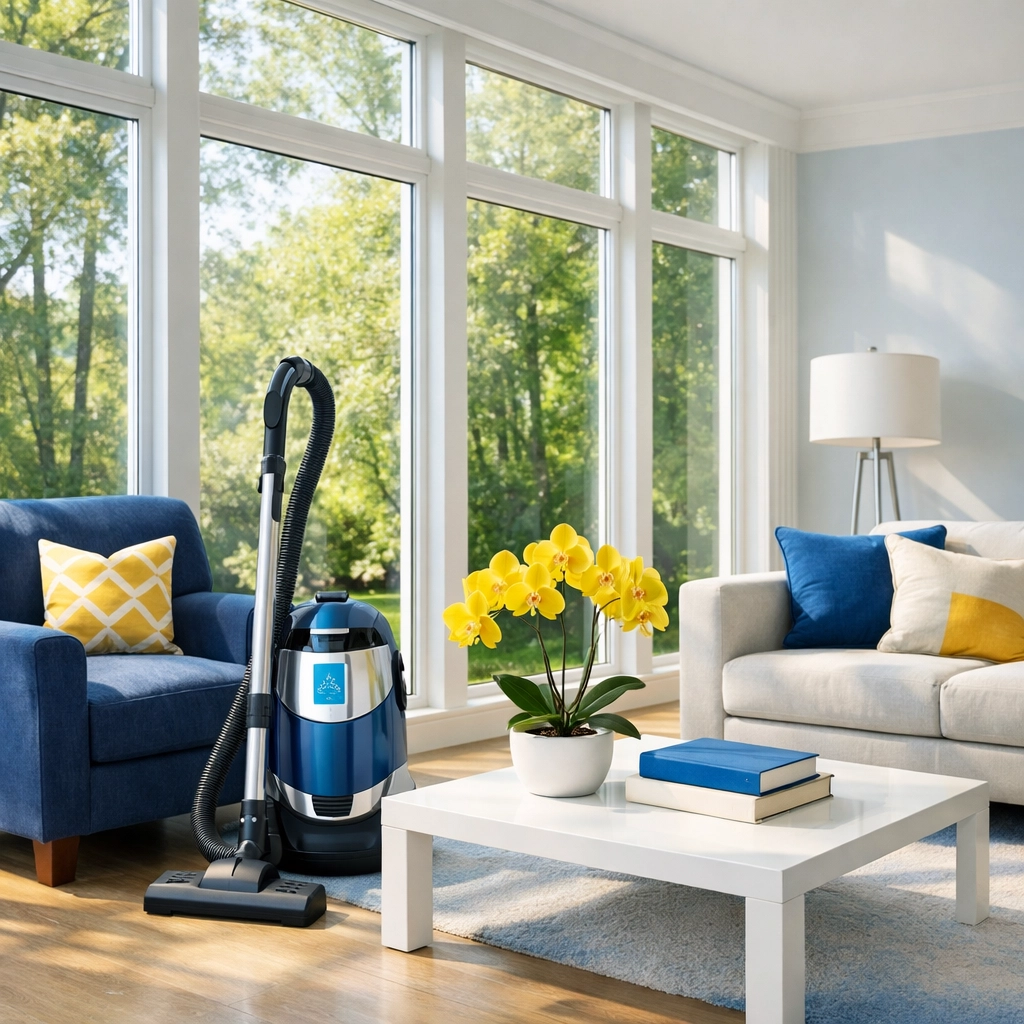Clean living room with HEPA vacuum demonstrating eco-friendly luxury house cleaning in Needham for estates.