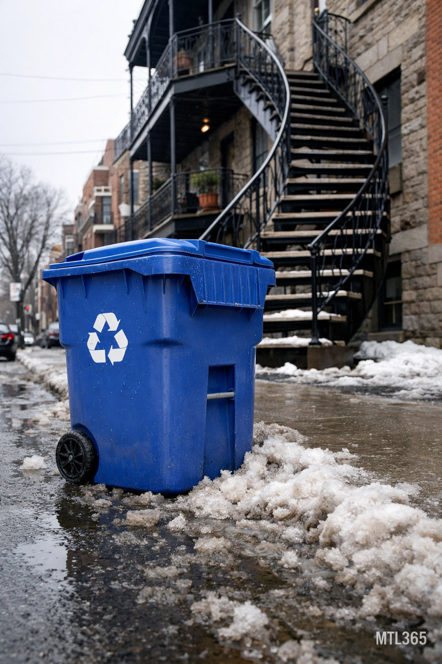 Montreal recycling bin on a slushy street near a classic Plateau triplex.
