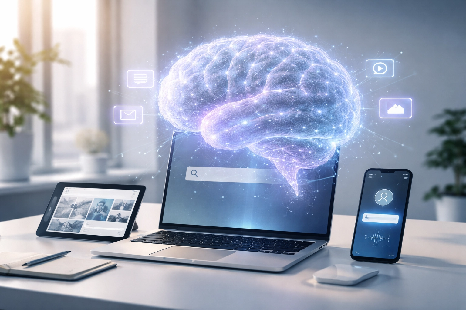 Illustration d'une intelligence artificielle traitant données textuelles, images et vidéos, liée à Gemini 3 dans Google Search