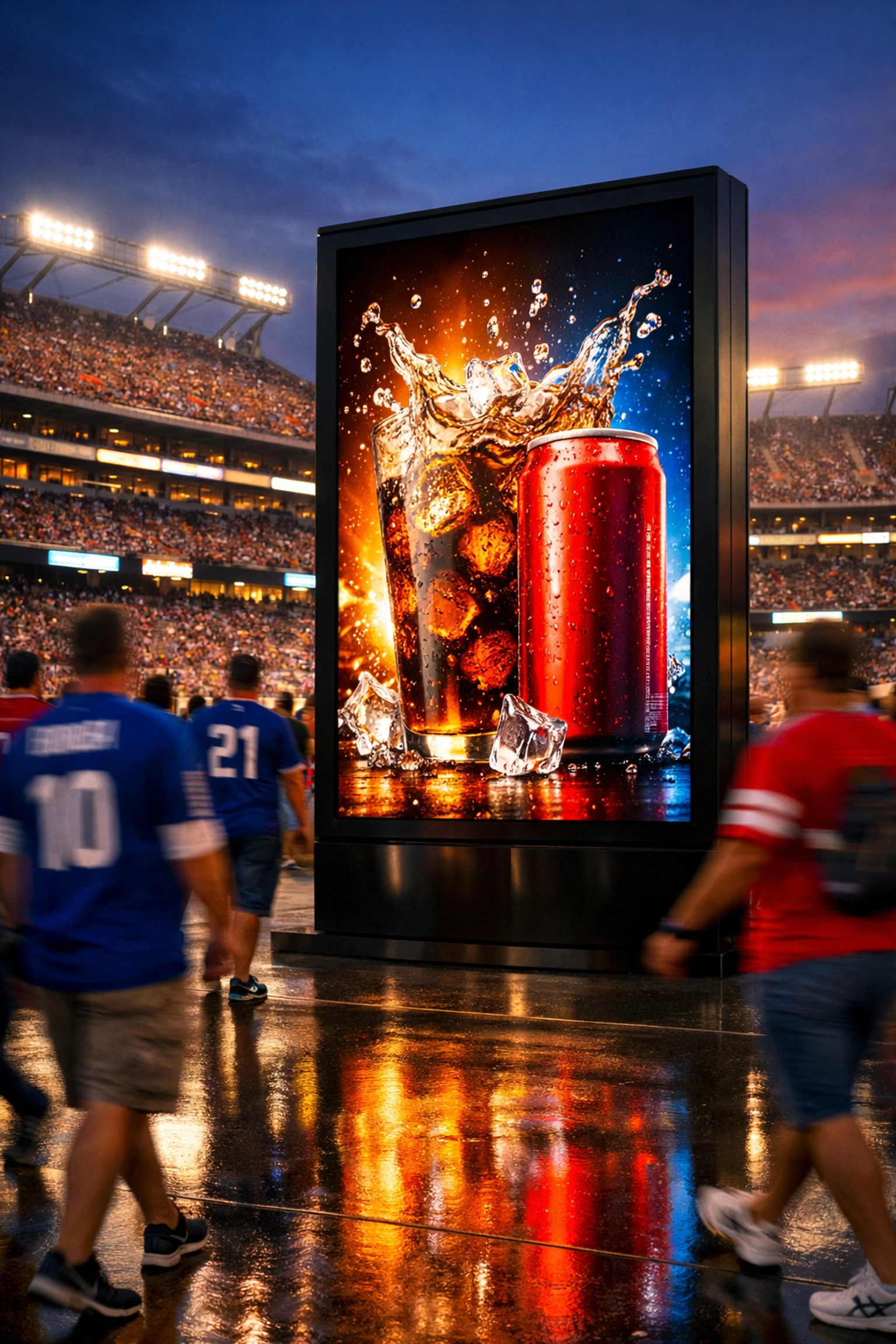 Digital billboard outside a football stadium showing dynamic beverage ads to sports fans.