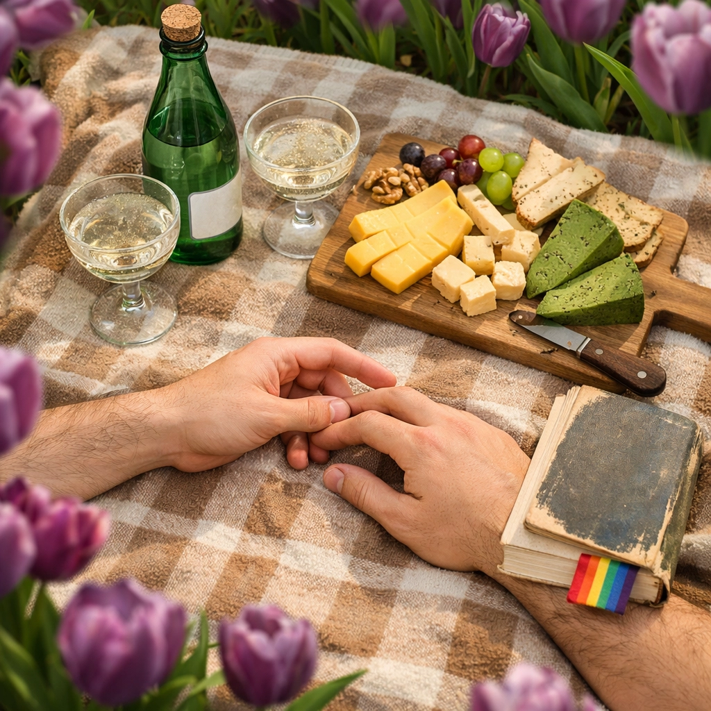 A flat lay of a romantic picnic in a tulip field featuring a queer novel and Dutch treats.