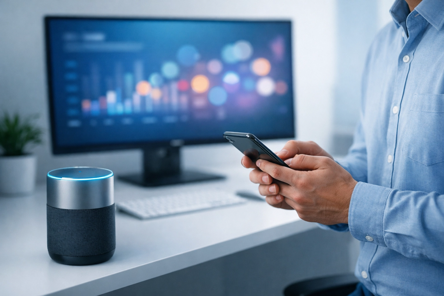 Seamless digital integration of smartphone and voice-activated tech for a multimodal user experience.