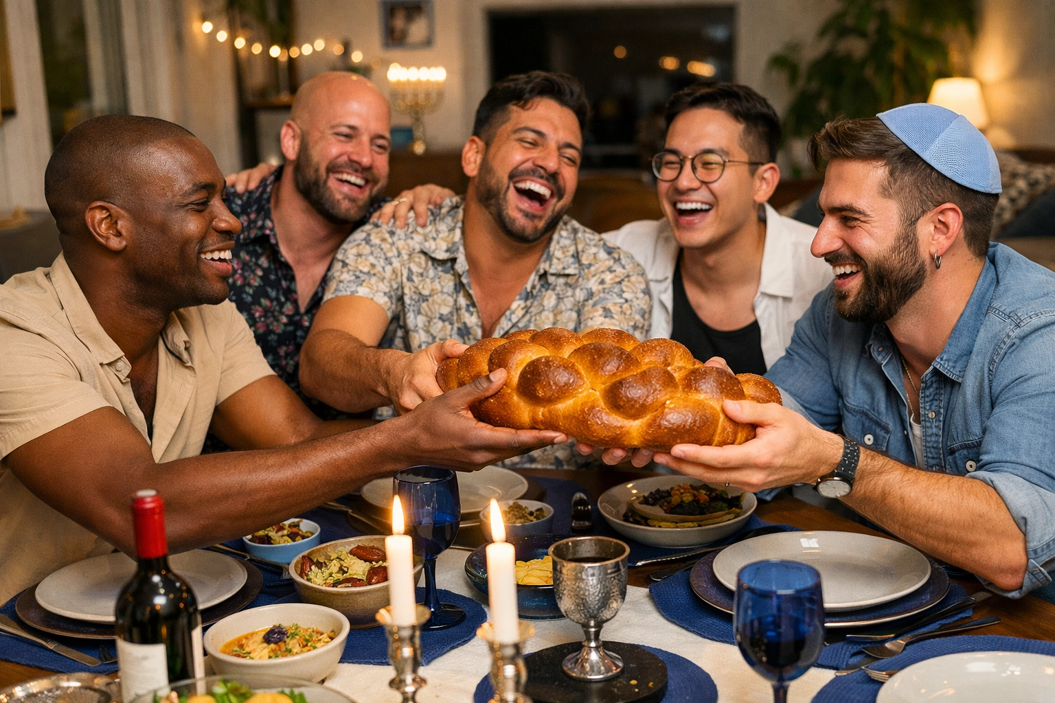 A diverse group of queer men sharing a Shabbat meal and challah bread, highlighting the joy of chosen family.