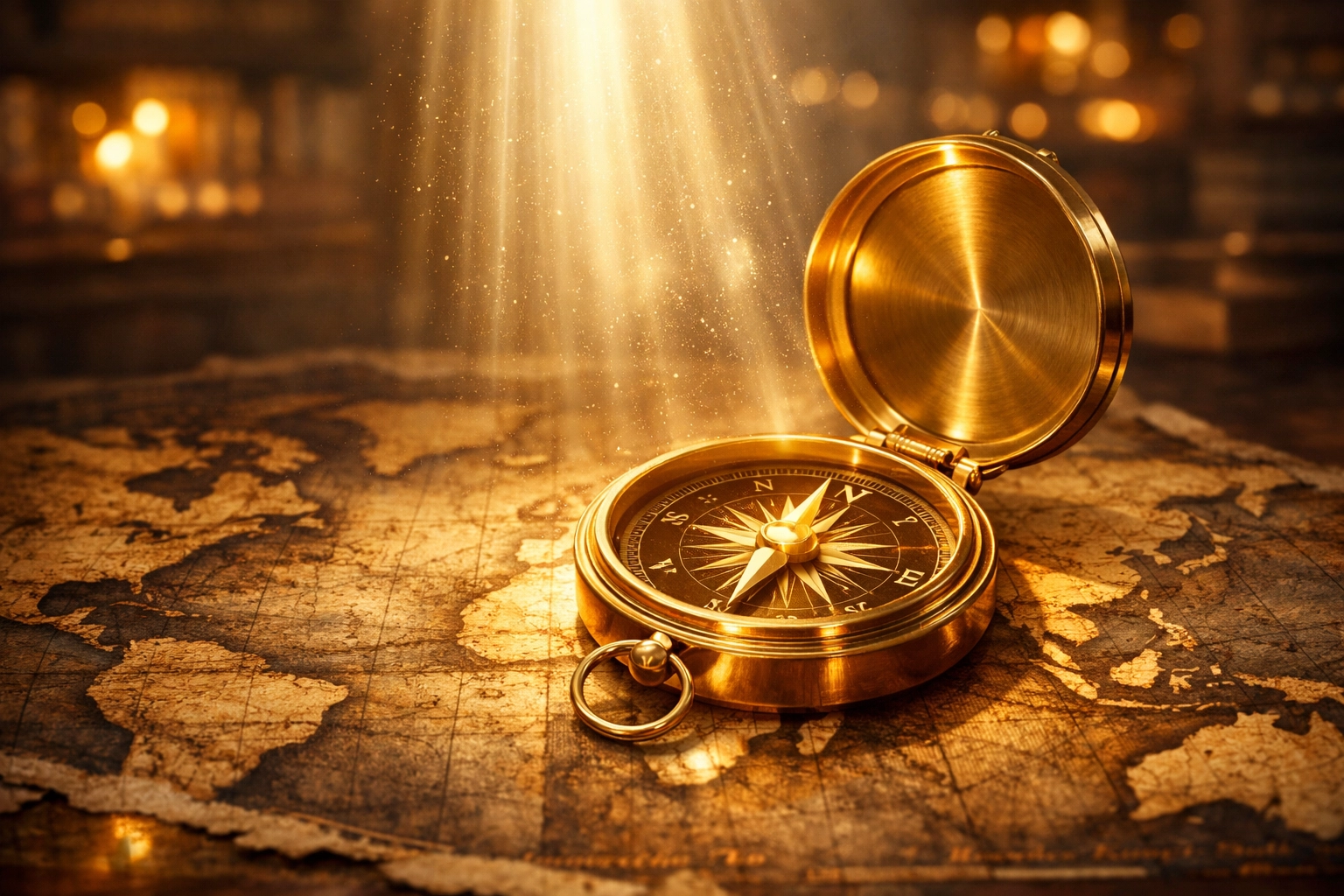 A golden compass resting on a world map under bright light, symbolizing faith and global direction.