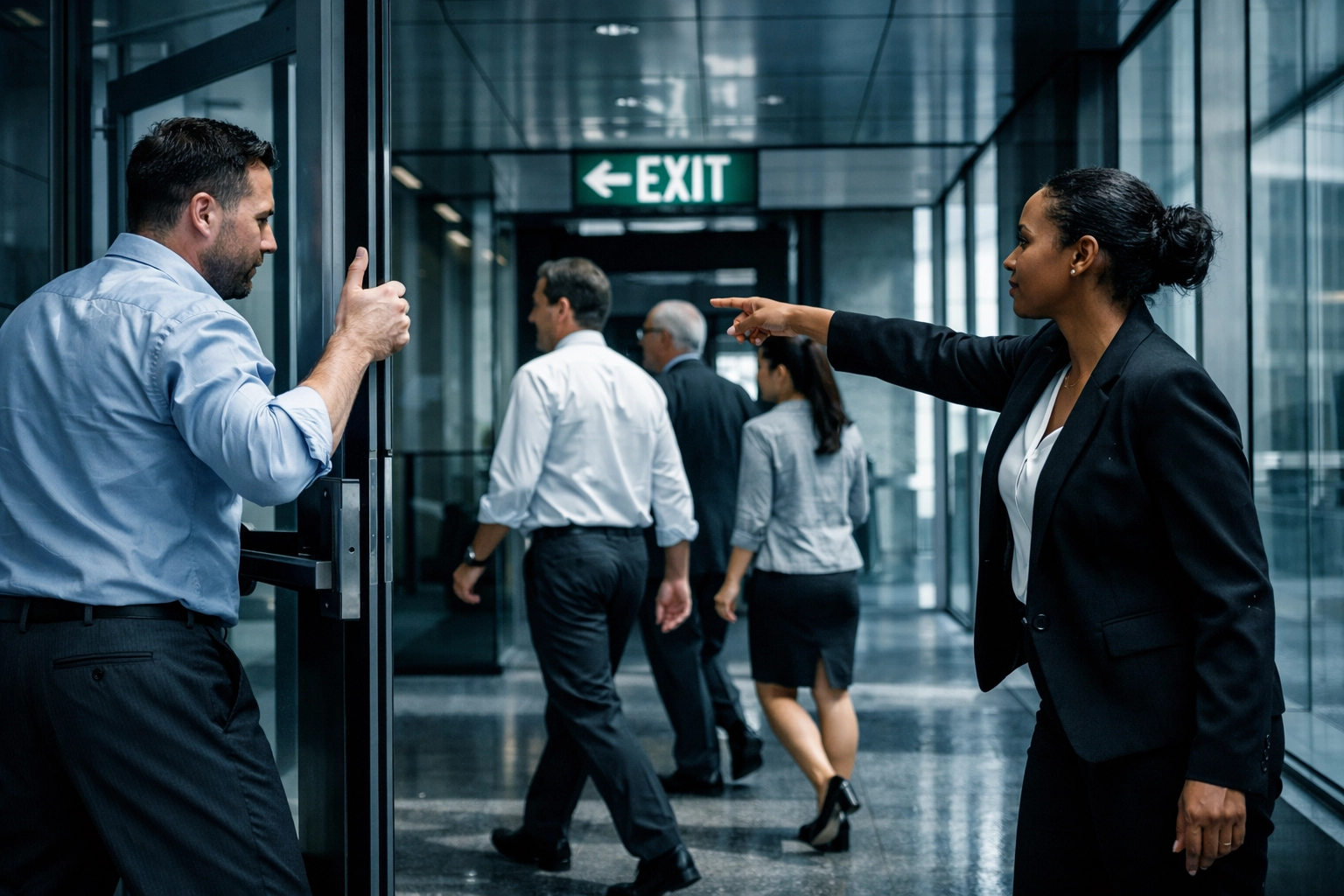 Professionals cooperating during an emergency evacuation drill in a modern office lobby.