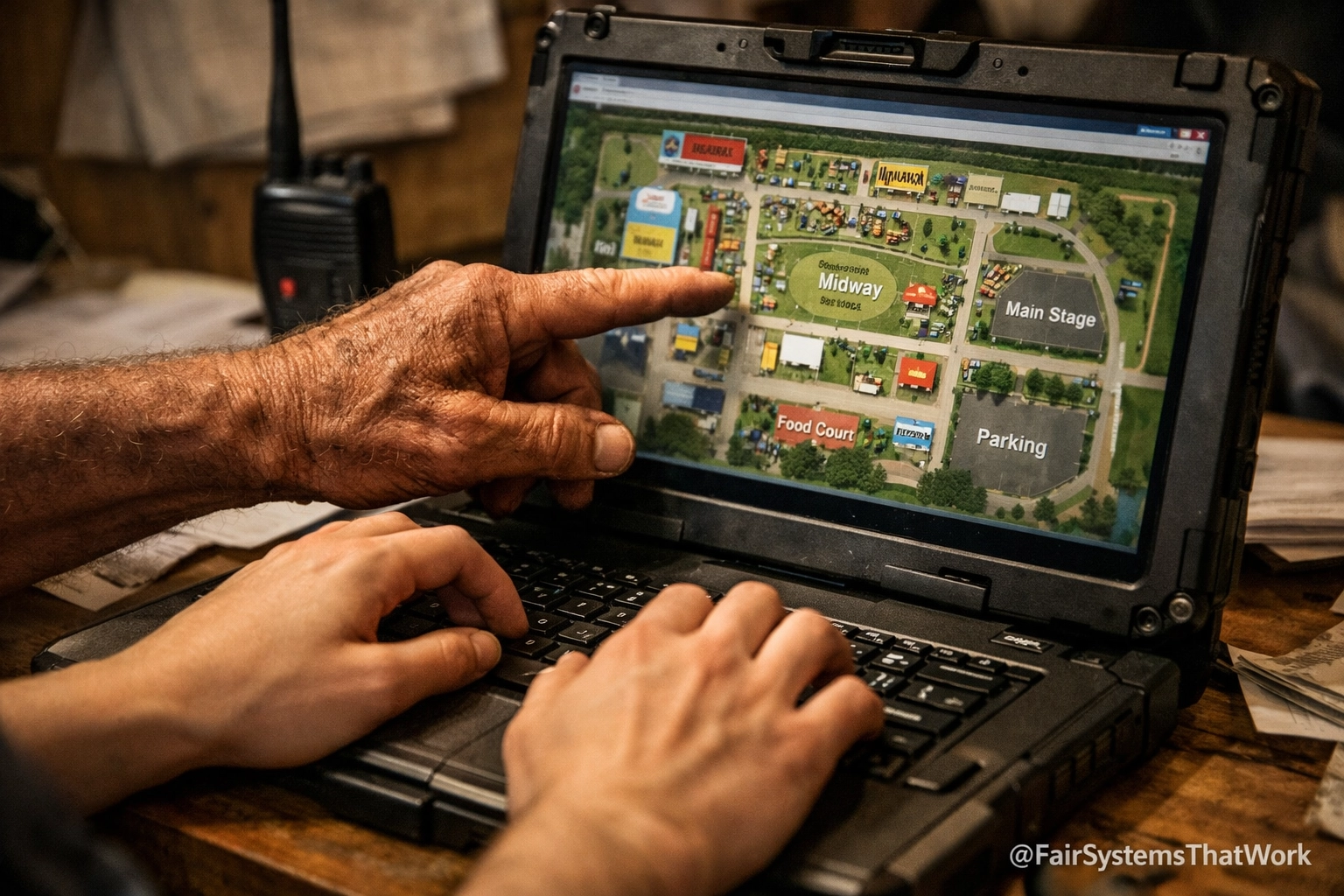 Senior fair volunteer sharing knowledge with a new team member over a digital fairground map.