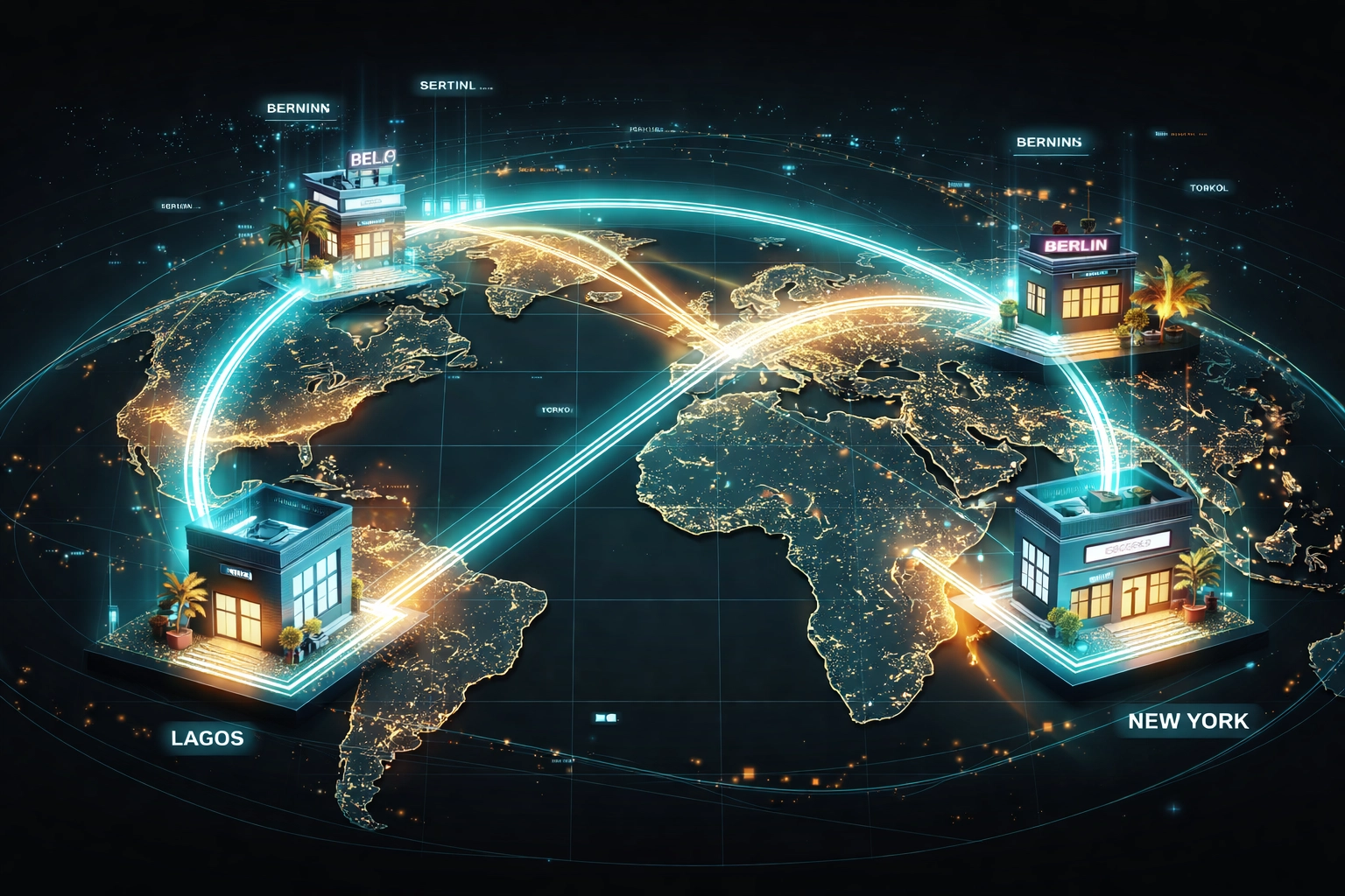 Connected merchant storefronts on a global map illustrating instant Web3 payments and borderless self-custody transaction networks.