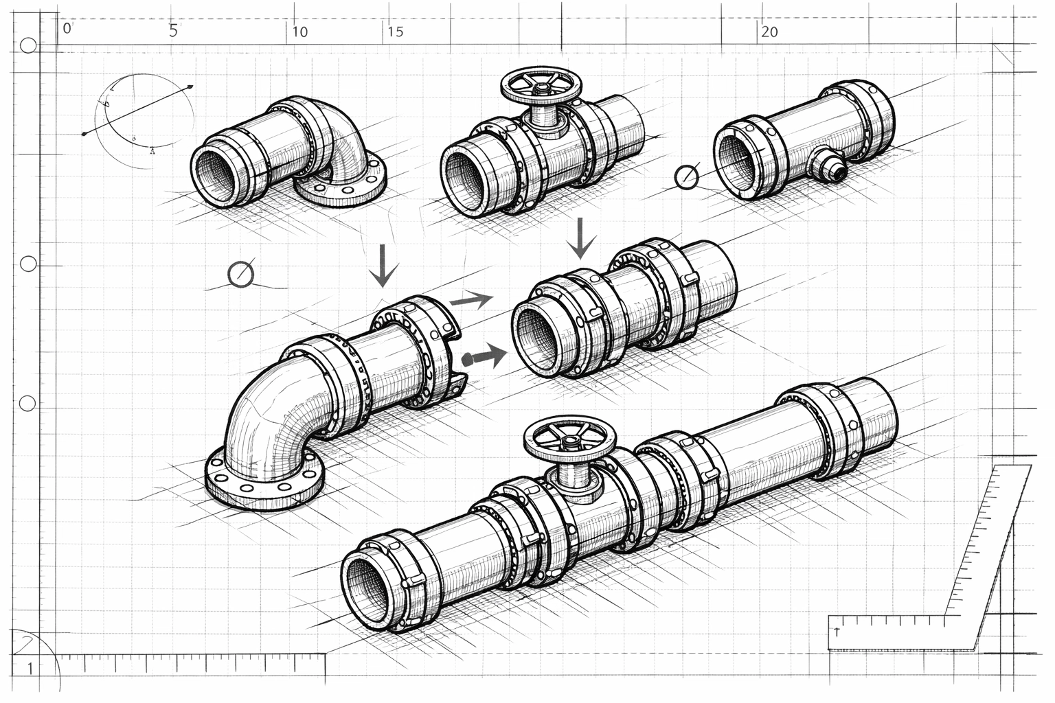 Technical drawing of a modular pipeline automation system for scalable business growth.