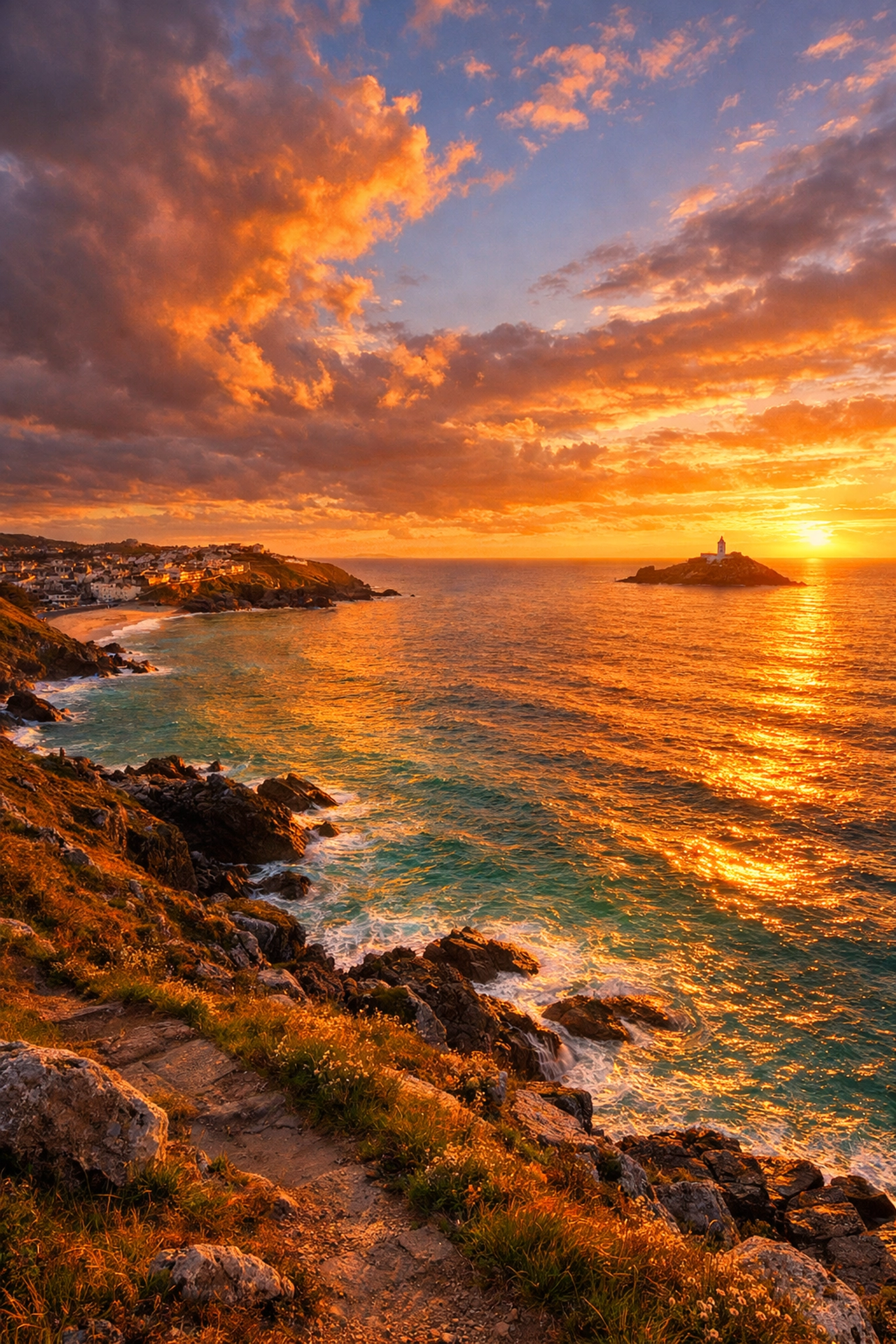 St Ives coastline at golden hour with Godrevy Lighthouse and dramatic sunset over Atlantic