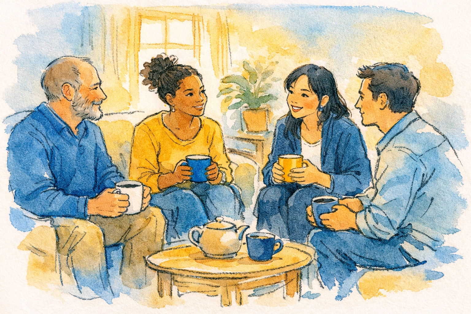 Small group gathering in living room sharing coffee and conversation to build church community