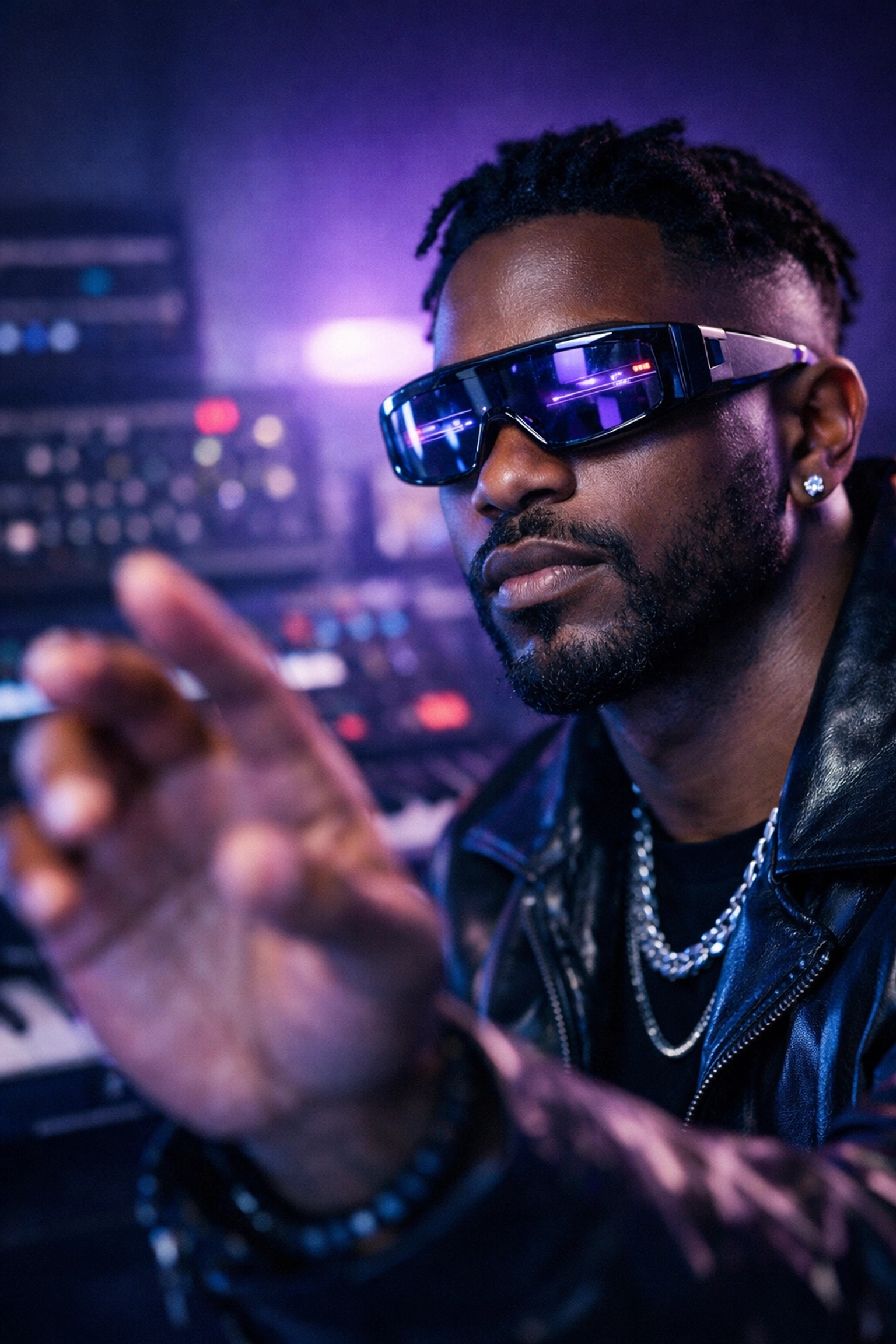 A professional music artist using cutting-edge studio technology for a high-impact brand collaboration.