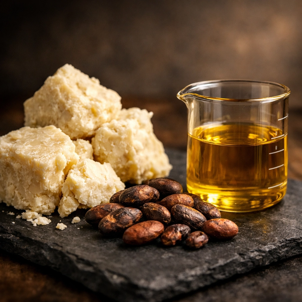 Natural ingredients for beard care including raw shea butter, cocoa beans, and golden argan oil.