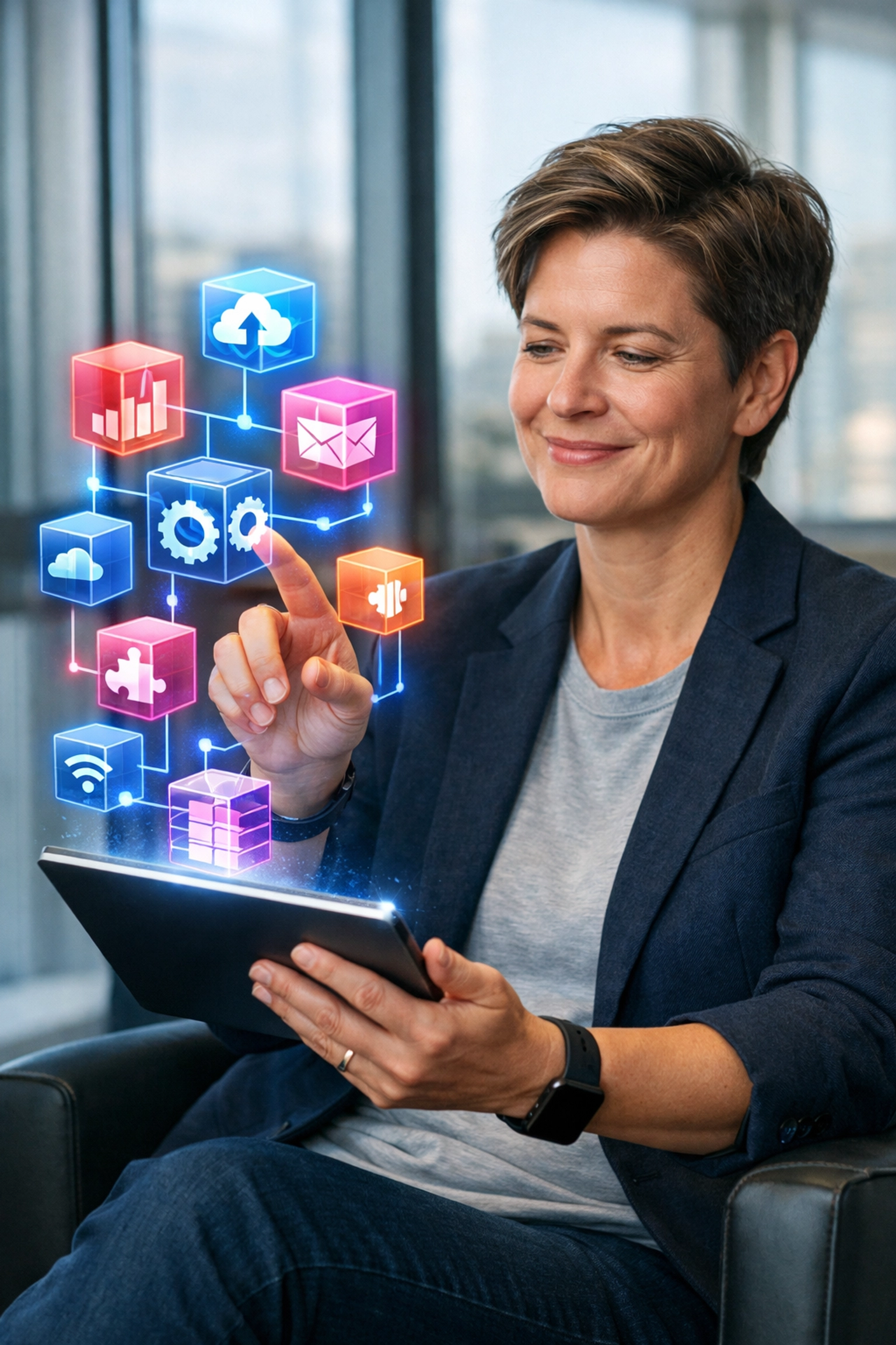 Mitarbeiter ohne IT-Hintergrund nutzt nach einem KI-Training für Quereinsteiger moderne No-Code-Tools.