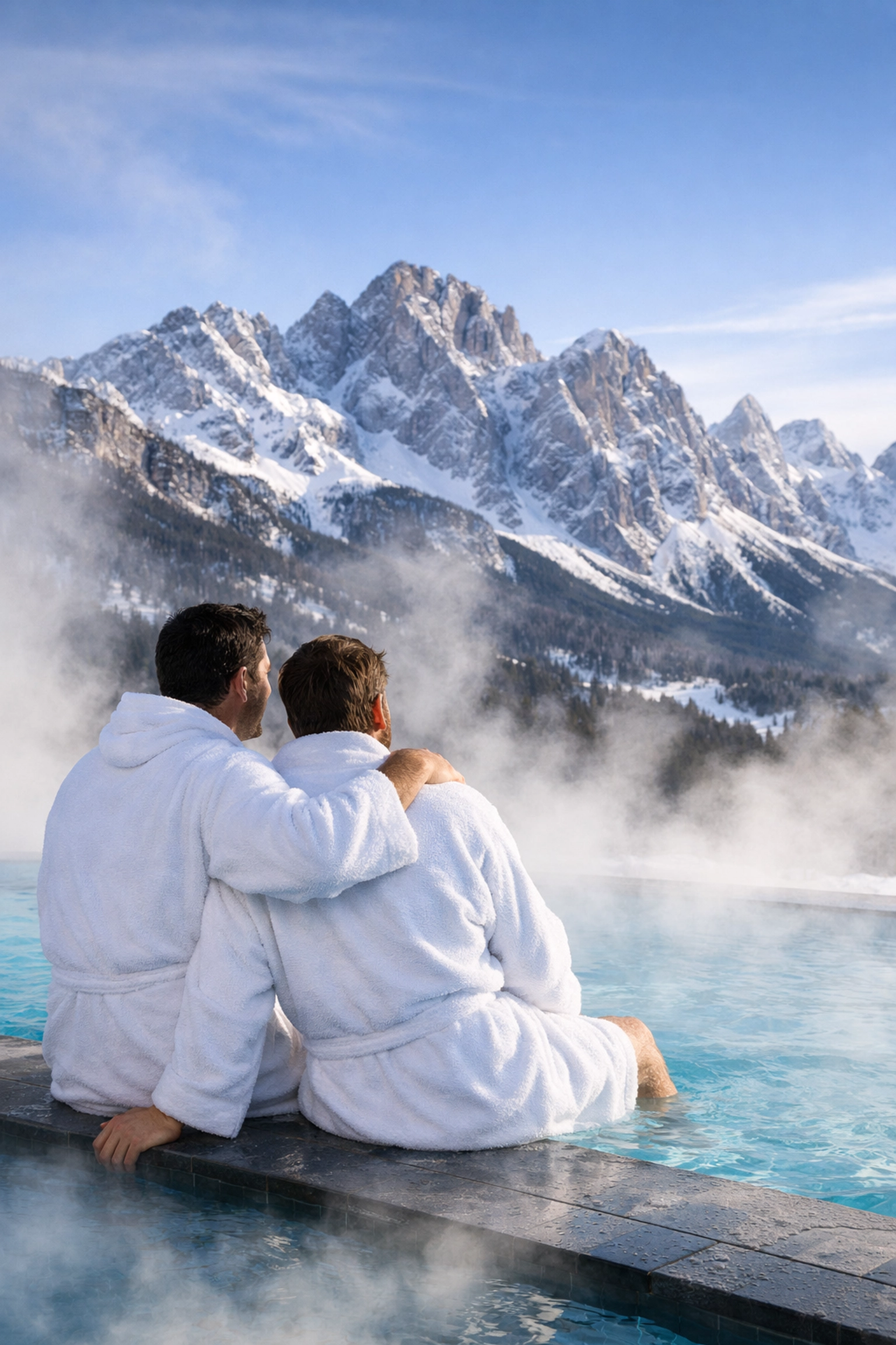 Gay men at a luxury spa pool in Cortina, Italy, overlooking the snow-covered peaks of the Dolomites.