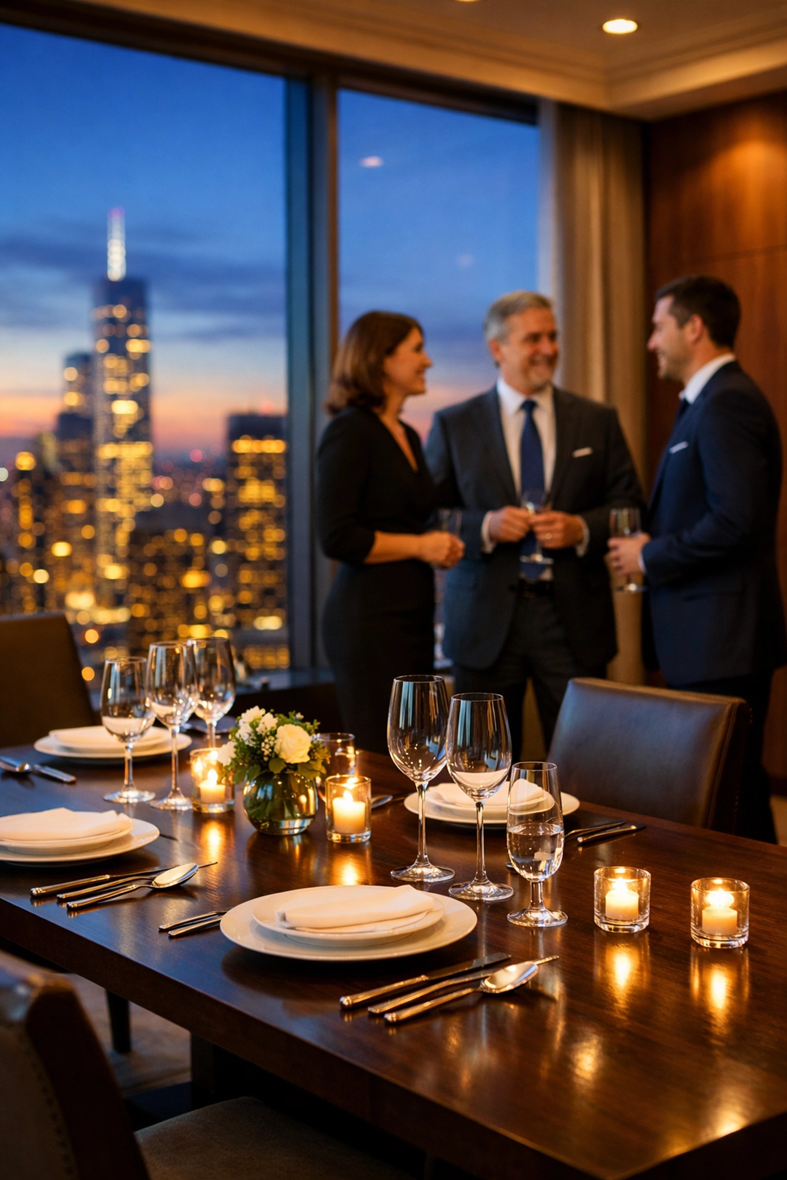 Executives networking at an exclusive private dinner in a luxury penthouse suite.
