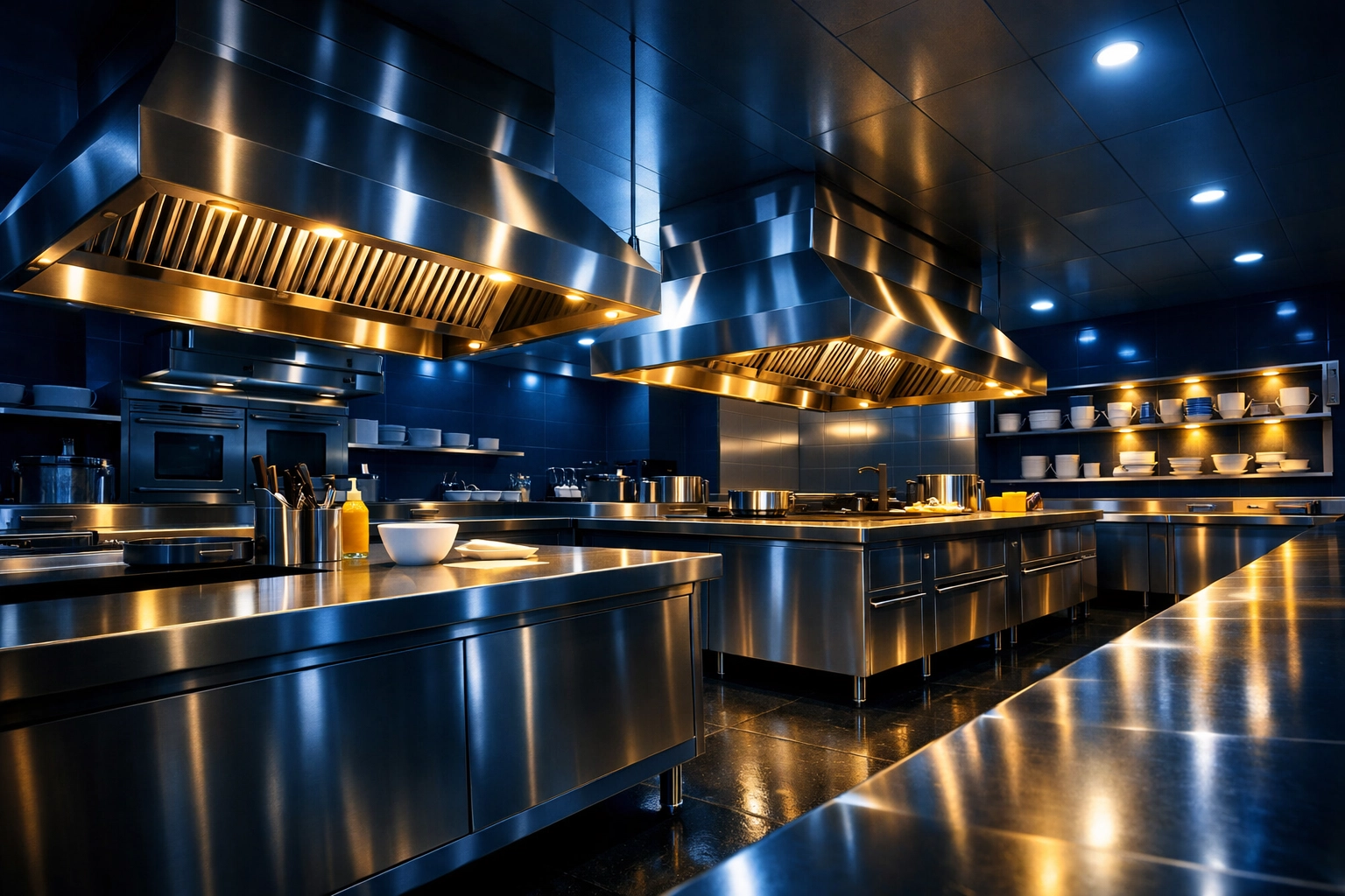 Professionally cleaned commercial kitchen in Peabody showing sanitized surfaces and vent hoods.