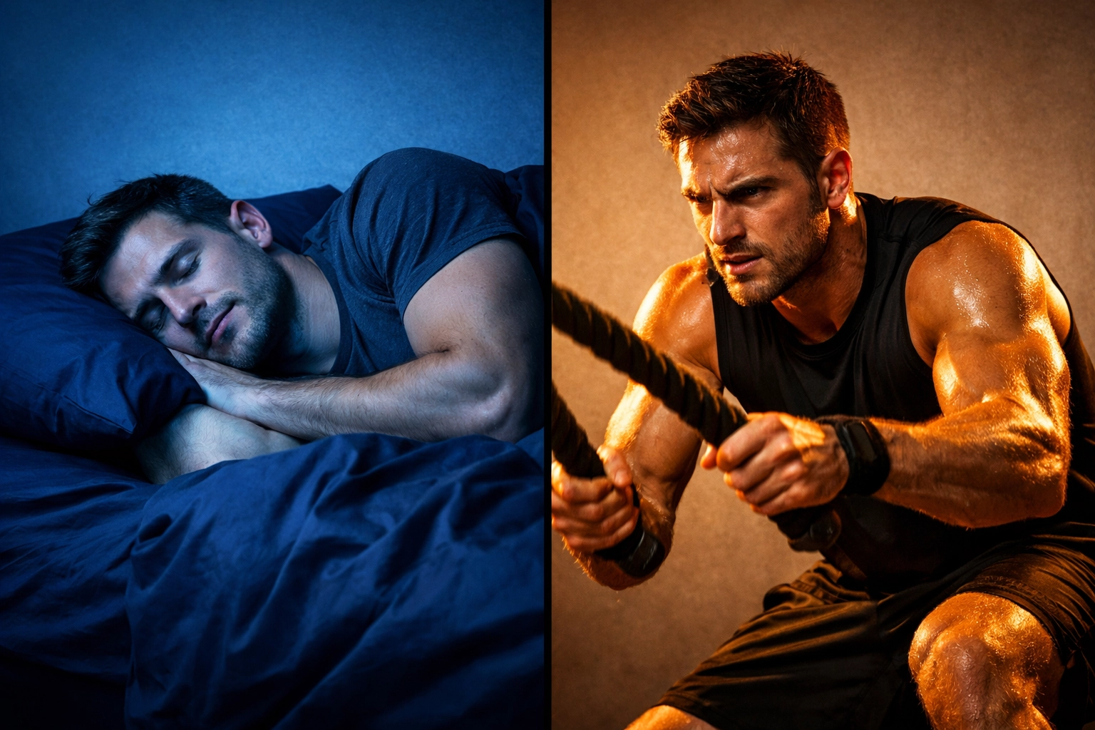 Athlete resting in bed versus training hard showing HRV and recovery balance