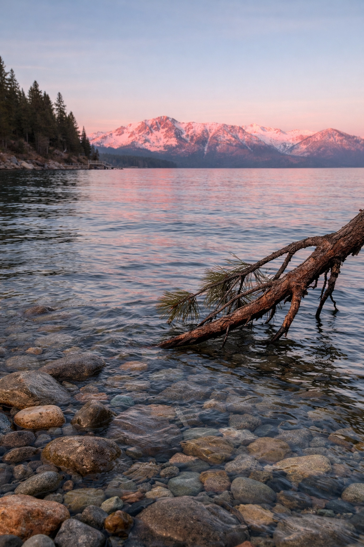 Pink Alpenglow on snow-dusted mountains seen from the West Shore, a premier Lake Tahoe photography location.