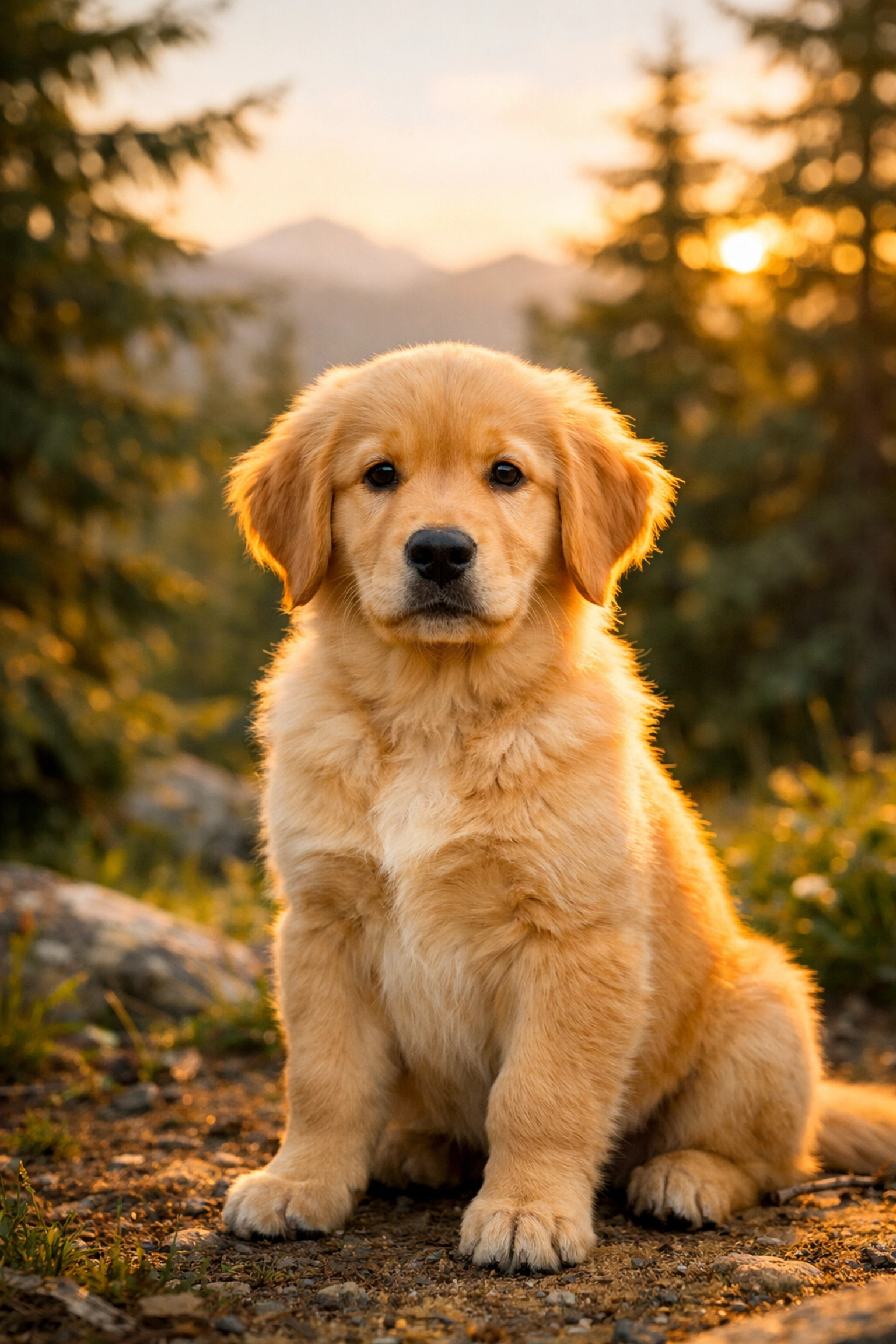 Confident Golden Retriever puppy with a calm temperament in a Pacific Northwest outdoor setting.
