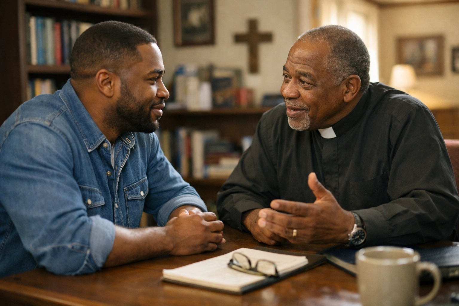 A small business owner and pastor collaborating on a strategic church and business partnership.