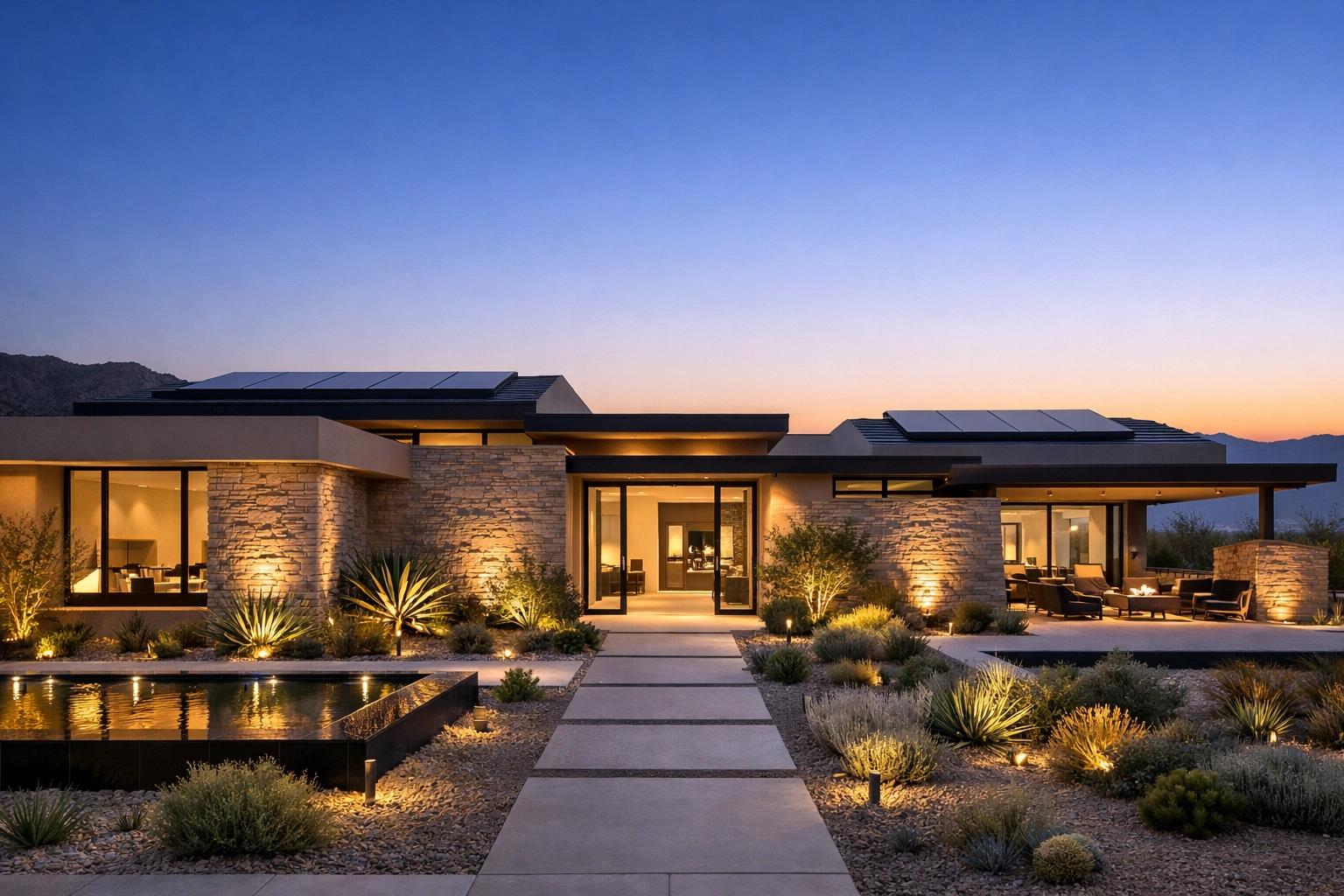 Energy-efficient home with rooftop solar panels and smart lighting design in Gilbert.